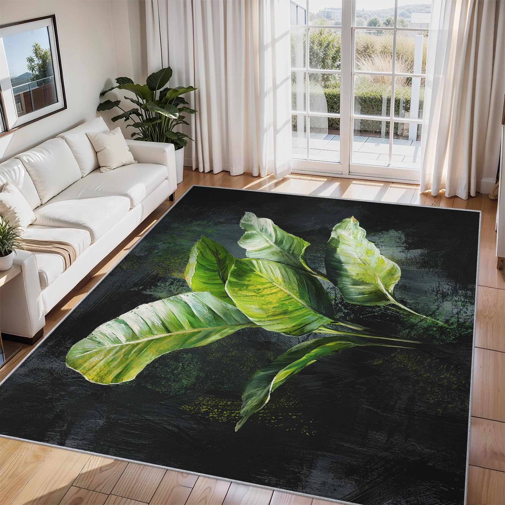 Generisch Grün Blatt Teppich Wohnzimmer 200x230, Kurzflor Teppich Schlafzimmer Pflanzen Blätter Wohnzimmerteppich Groß, Weich Flanell - Antirutsch Carpet H-56