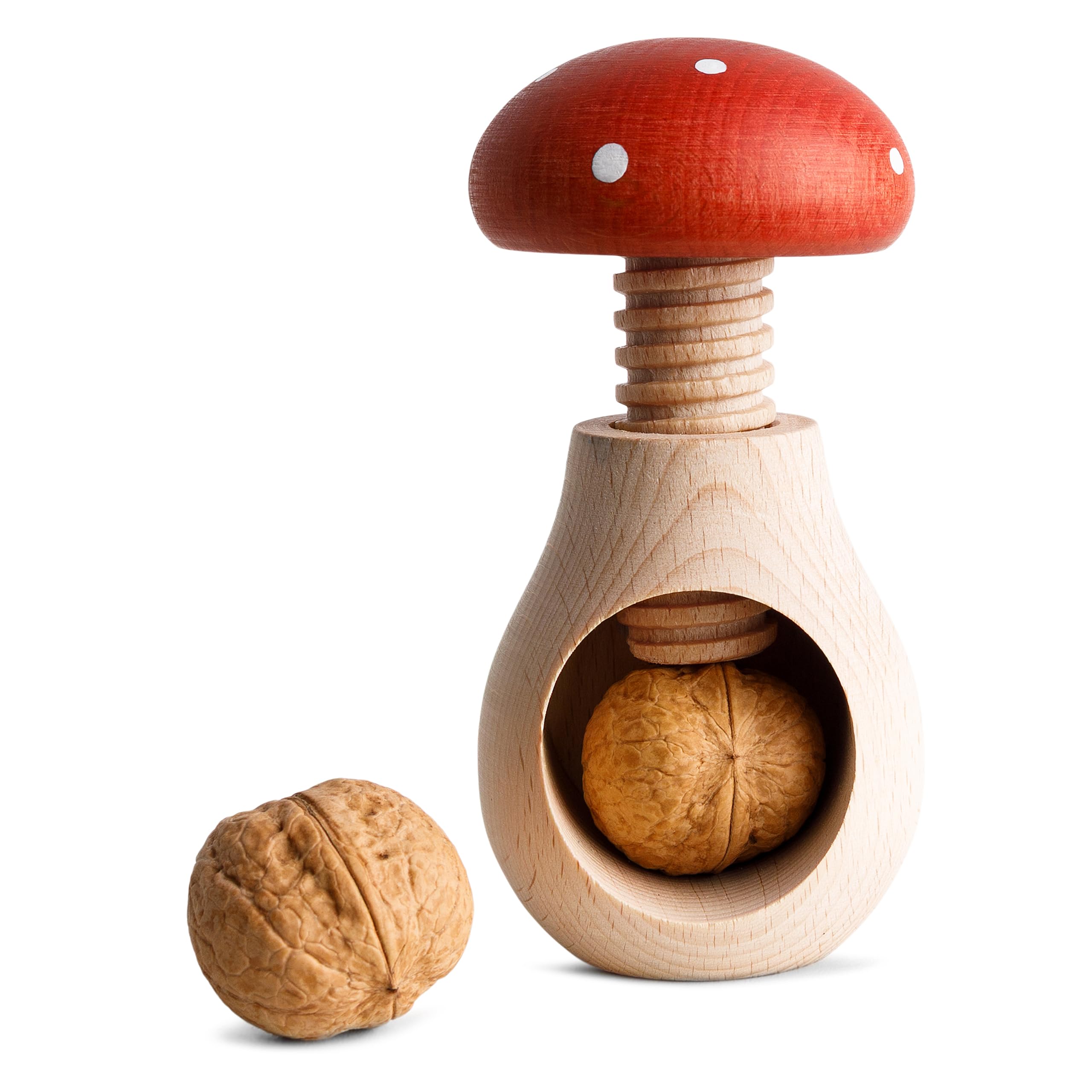 Creative Home Wooden Nutcracker Toadstool | Mushroom Shaped | 10 x 6 cm | Natural Beech Wood | Screw Mechanism for Cracking Nut | Red-Coloured Dotted Cap | Solid & Durable