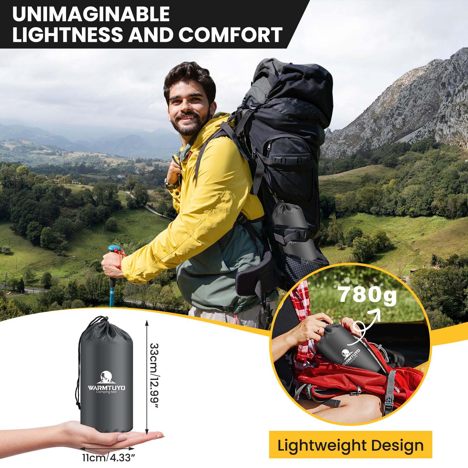 WARMTUYO Matelas isolant de camping, matelas gonflable ultra léger avec pompe à pied et oreiller, pliable, imperméable, anti-déchirure, pour randonnée, plage, extérieur