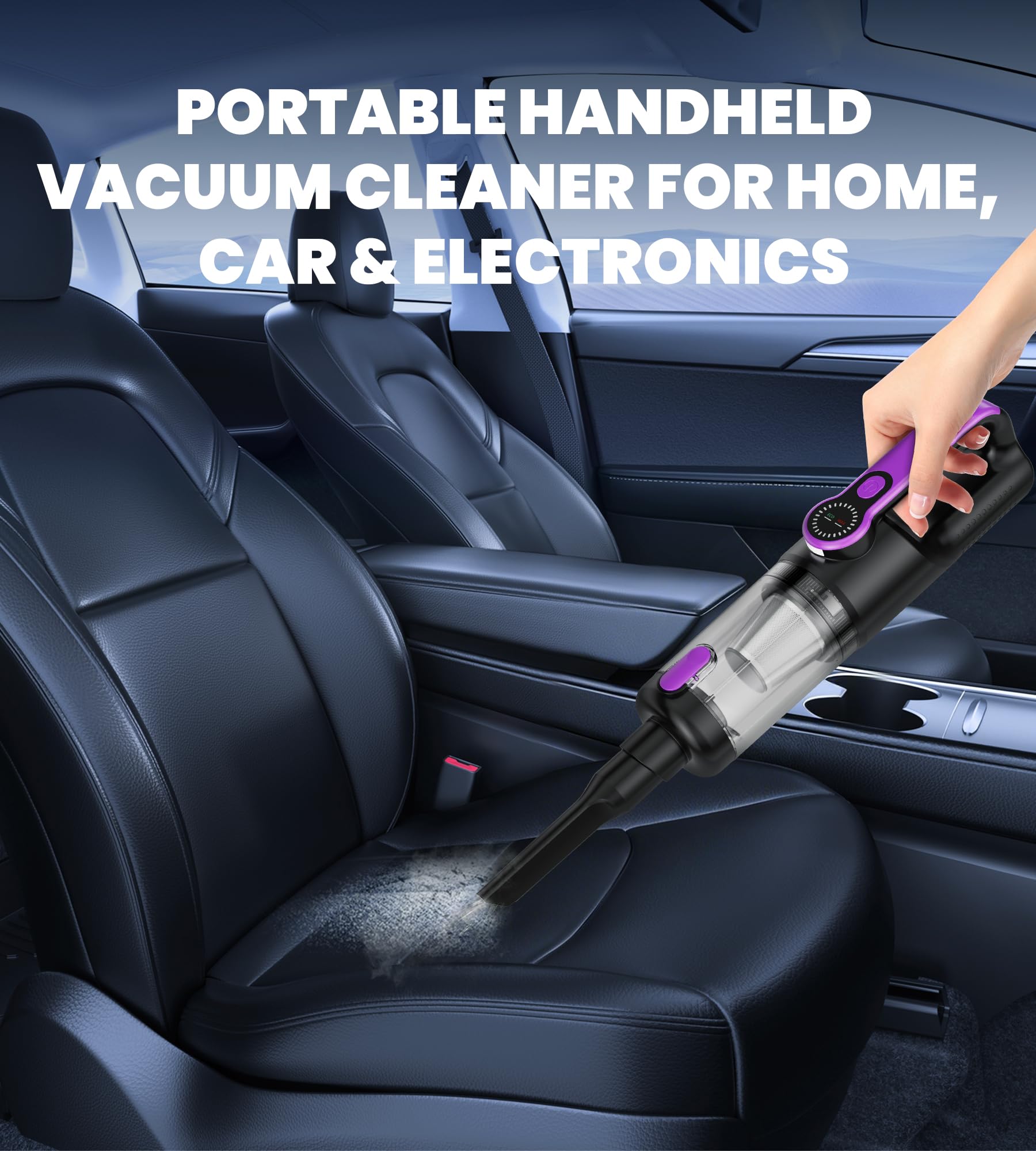 Aspirateur Voiture 4 en 1 26000 PA, Aspirateur à Main Sans Fil Puissant et Compact, Avec LED Affichage et Batterie Rechargeable, Pour la Voiture, Maison, le Bureau et la Cuisine, Les Poils D'animaux.