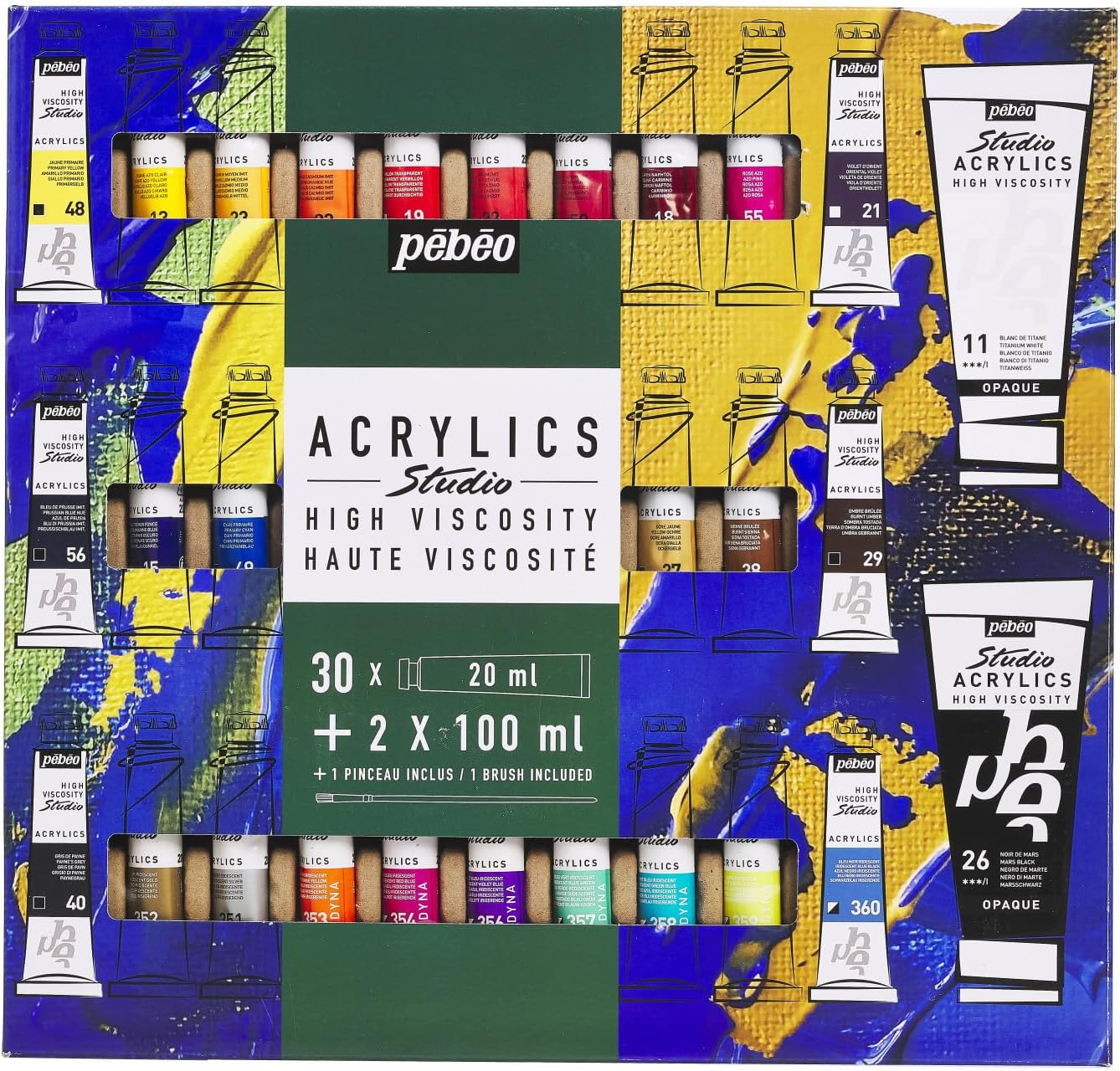 PEBEO Studio Acrylics Acrylic Paint Set, Complementary Colours, 20 x 20 ml + Brush