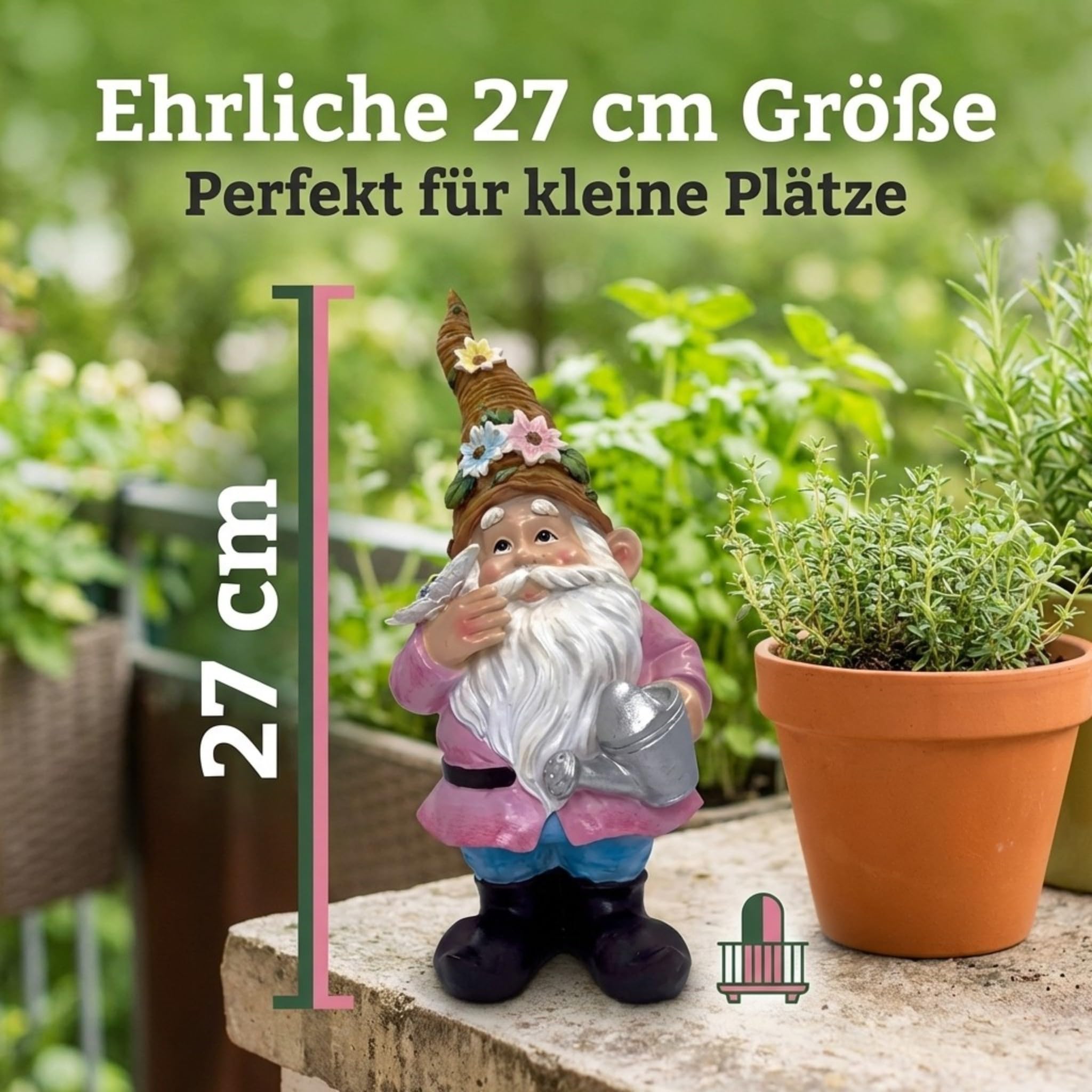 MIJOMA GNOME Dwarf - Nano da giardino, decorazione da giardino, gnomo, gnomo, decorazione per il giardino, decorazione per la casa, per il balcone (giacca rosa, 27 cm)