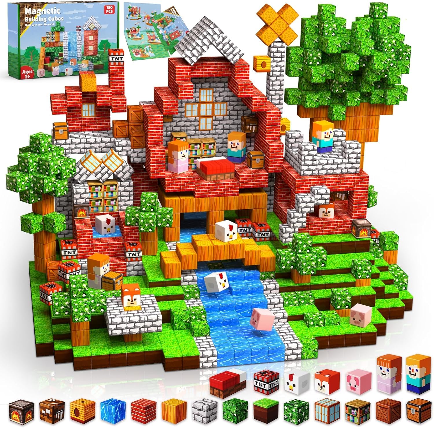 Goody King Magnetic Building Blocks | 150PCS Magnetic Blocks Cube Grassland Village for Boys & Girls Age 3 4 5 6 7 8 9 10, STEM Montessori Stacking Toy, Building Toys Birthday Gifts for Kids