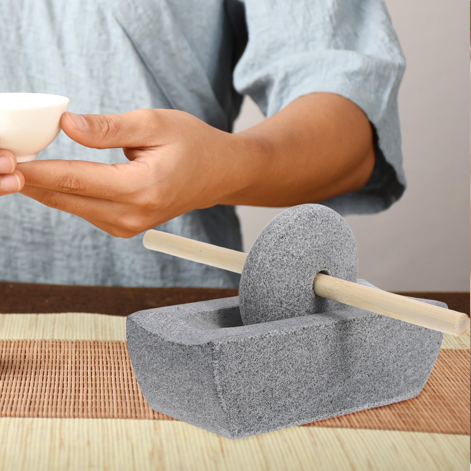 Mortero de piedra tradicional 12 cm para moler té y especias, molinillo de té manual de piedra natural, triturador de especias para cocina y, compacto y portátil