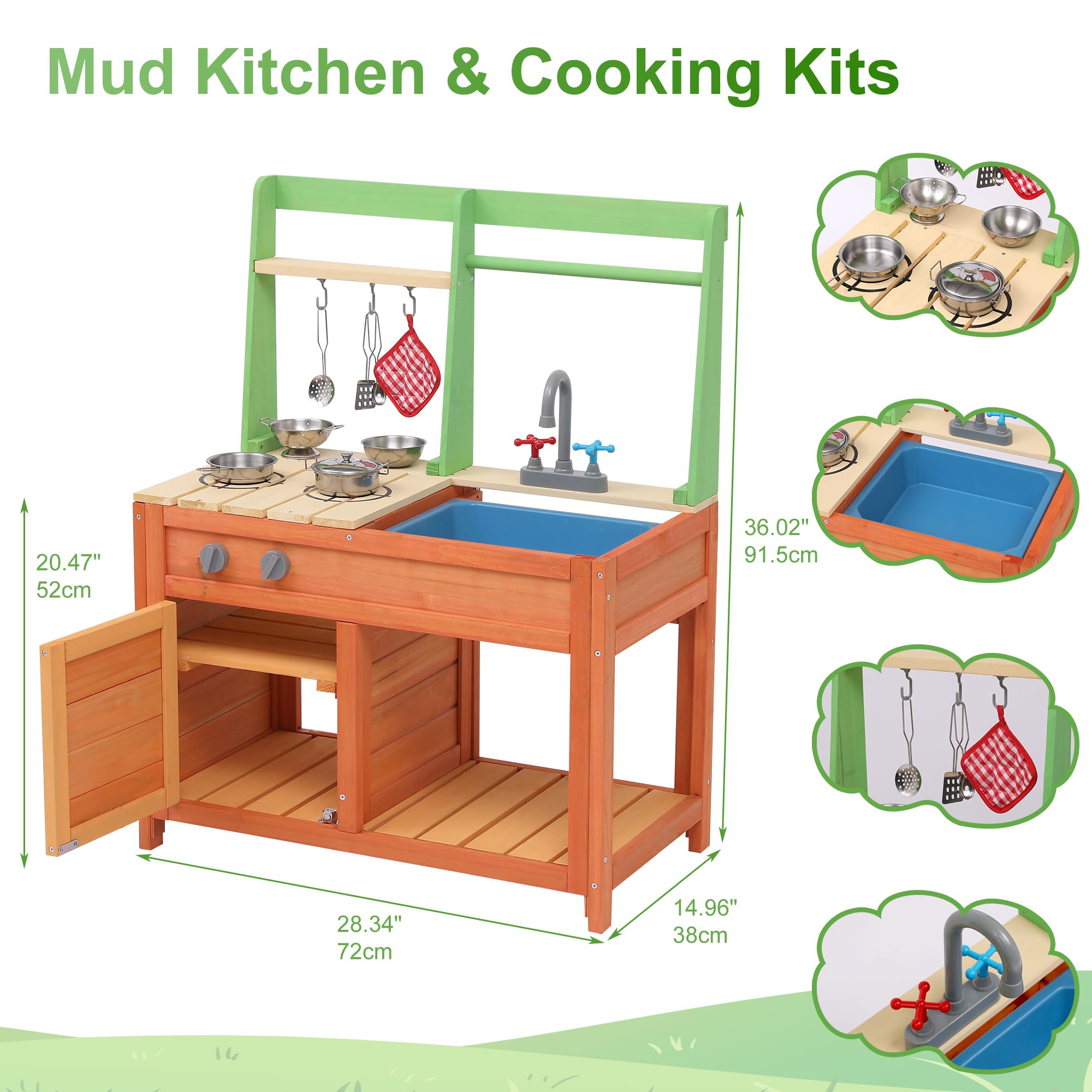 Wooden Kids Play Kitchen, Outdoor Mud Kitchen with Removable Sink and Faucet, Stove Top, Storage Shelves, Fun Backyard Pretend Kitchen Playset, Gift for Boys and Girls 3+