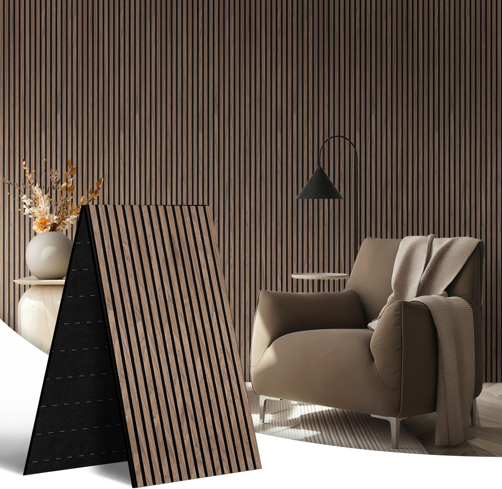 AKK-Star Acoustic Wood Slat Wall Panels Folded 1 Pack - 94.4" X 23.6 "X 0.7", Folds to 2X 47.2" X 23.6" X 0.7" 15.5ft² WPC Soundproof 3D Wall Paneling for Home Decor Noise Reduction(4# Walnut)