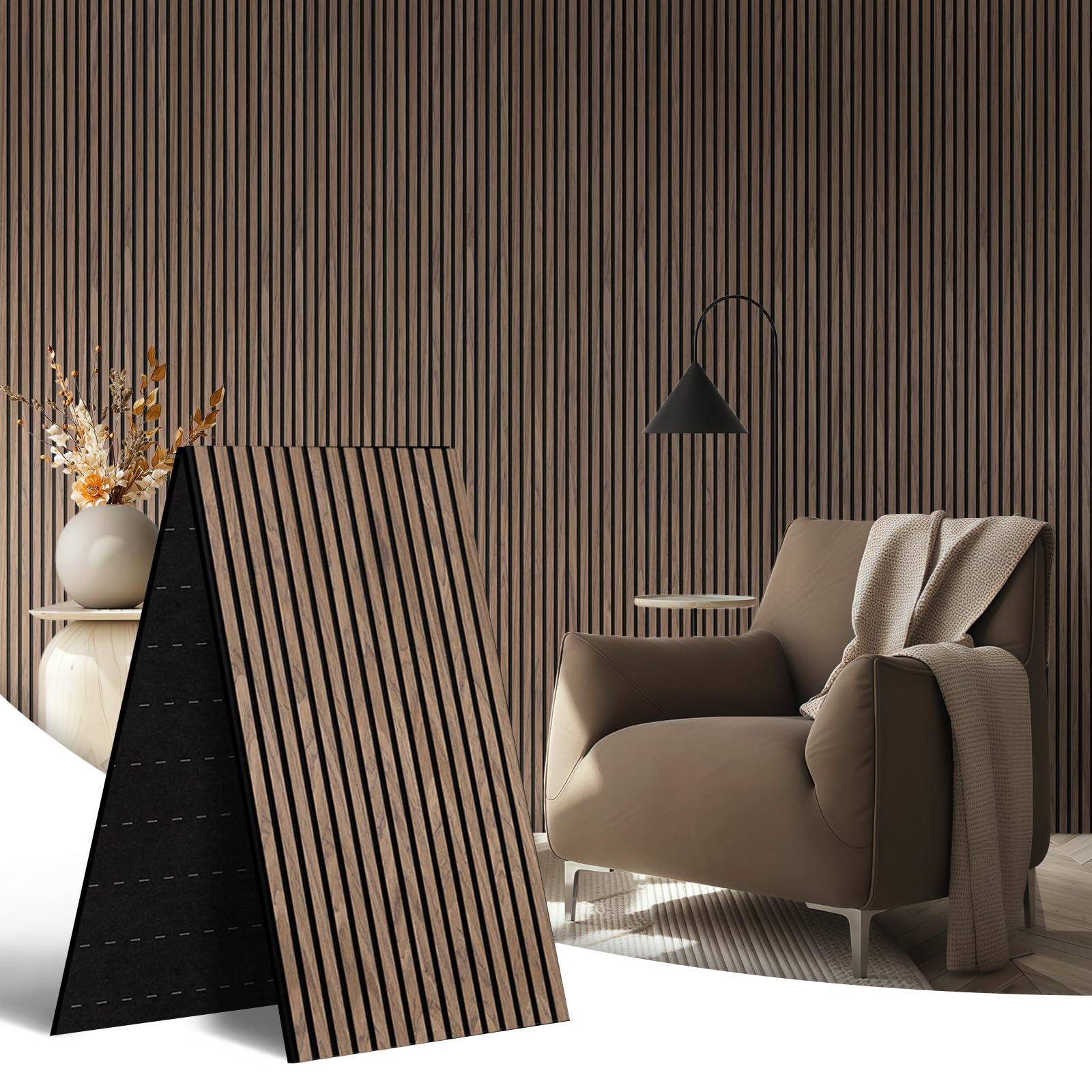 AKK-Star Acoustic Wood Slat Wall Panels Folded 1 Pack - 94.4" X 23.6 "X 0.7", Folds to 2X 47.2" X 23.6" X 0.7" 15.5ft² WPC Soundproof 3D Wall Paneling for Home Decor Noise Reduction(4# Walnut)