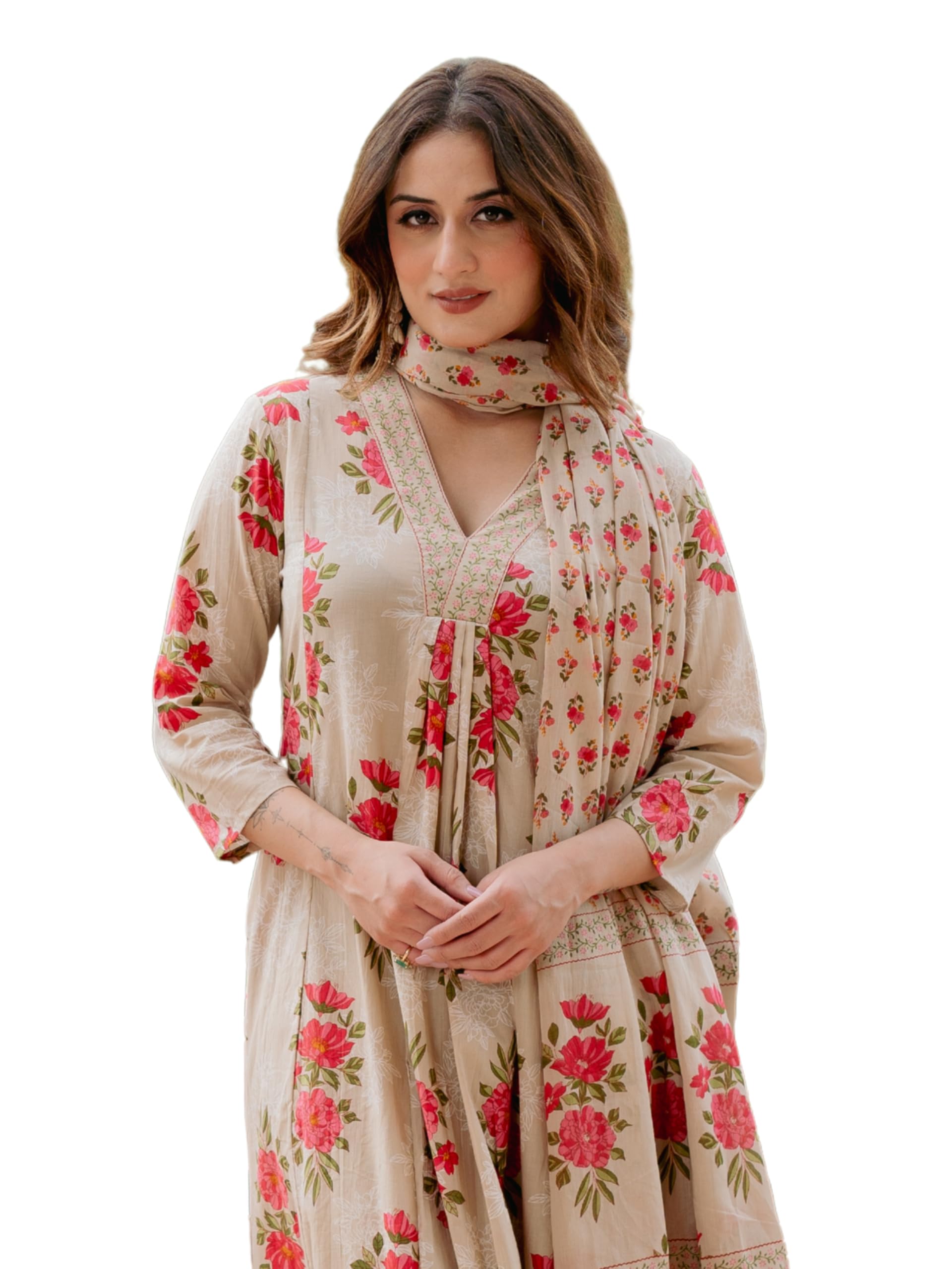 Arayna Women’s Pure Cotton Floral Printed Kurta Pant Dupatta Set | Elegant Ethnic Suit Set with Soft Floral Motifs | Straight Fit 3-Piece Set for Women