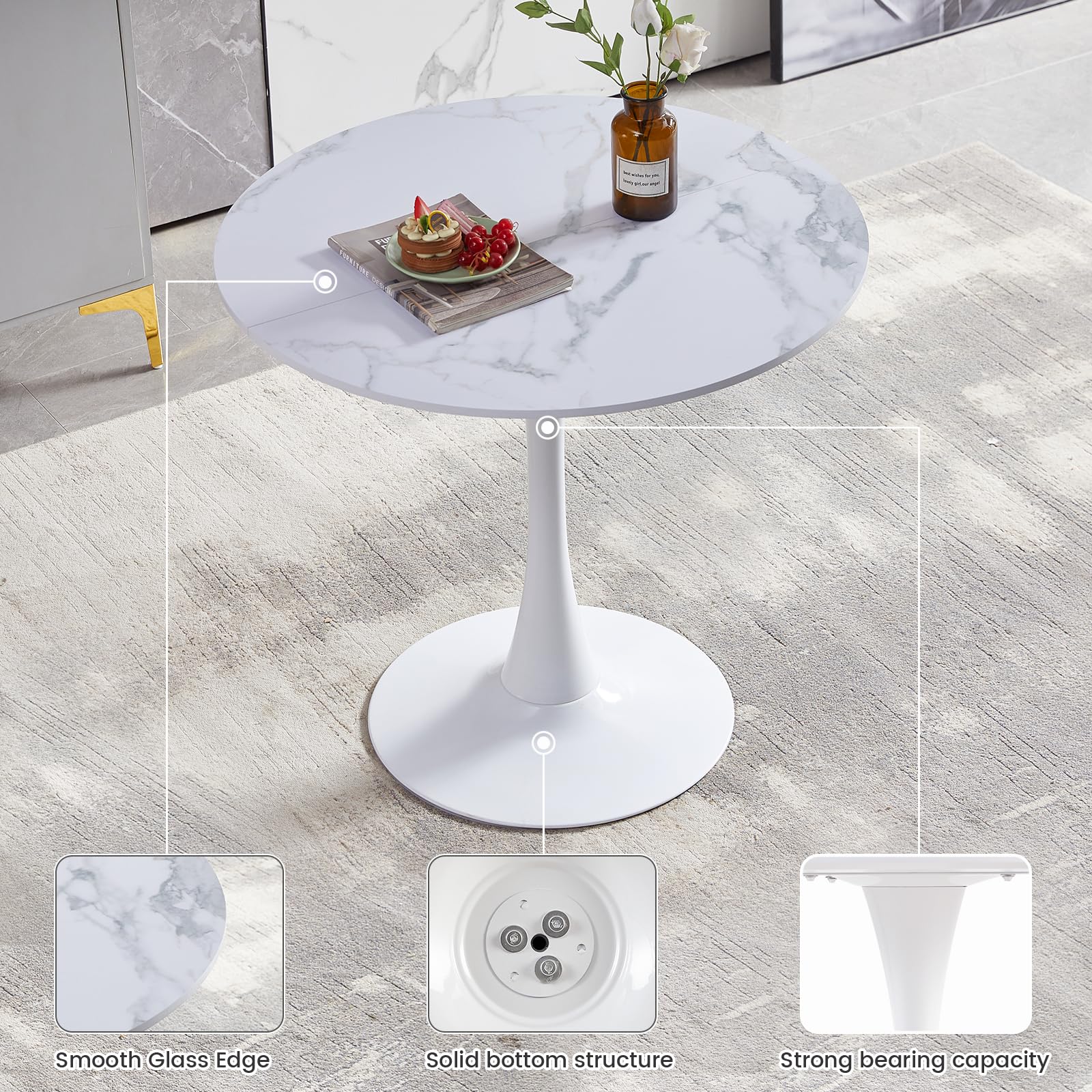 Tavolo bistrot con 2 sedie, piccolo tavolo da pranzo con 2 sedie | Set tavolo e sedie per sala da pranzo: 2 poltroncine nere + 1 tavolino + 1 tavolo effetto marmo – ⌀ 80 cm