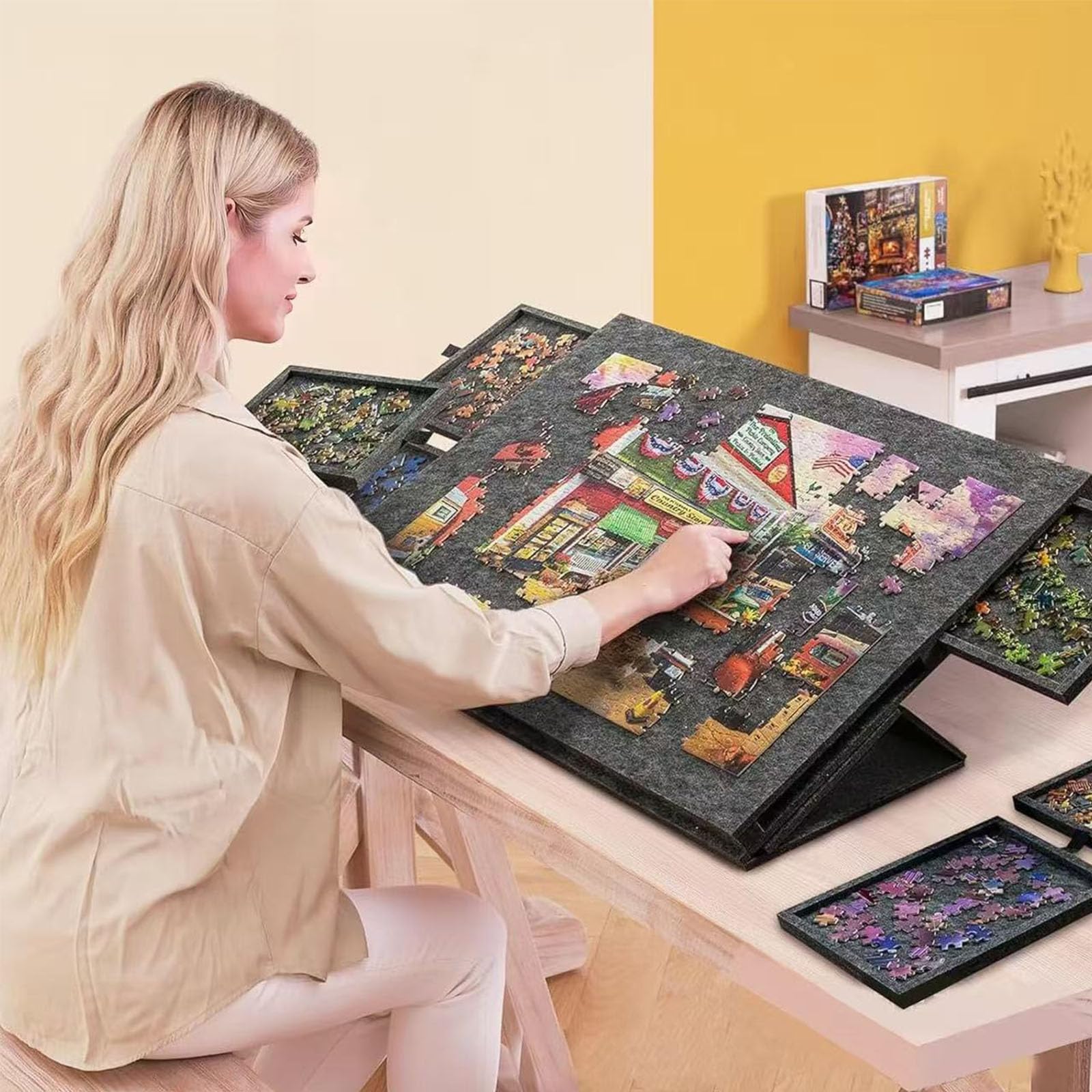 1500 elementów uchylnej planszy do układania puzzli z 6 szufladami, składany stół do układania puzzli 2 w 1 z regulowaną podstawą, lekkie plansze do gry dla dorosłych black