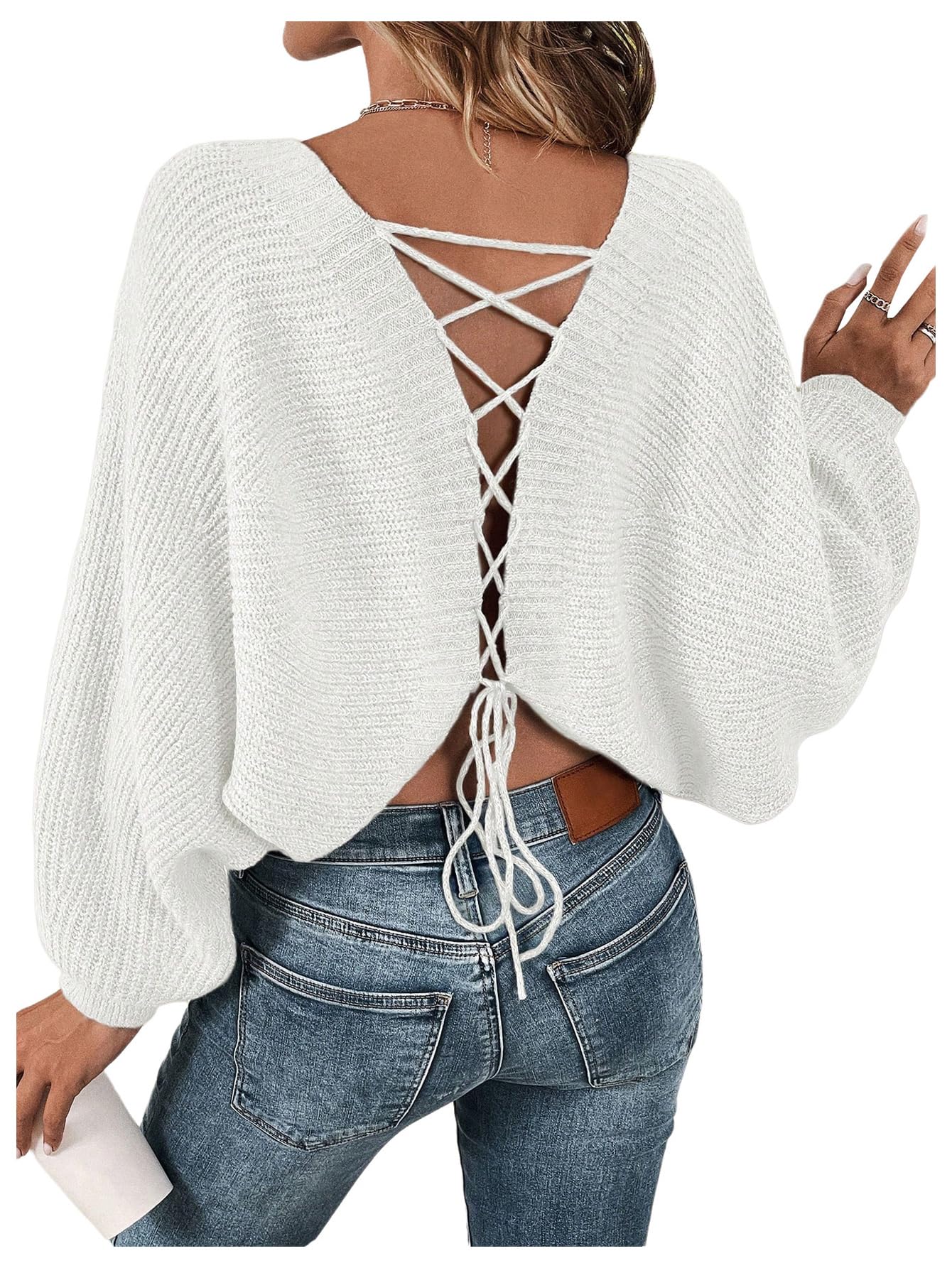 Womens Off Shoulder Lace Up Open Back Sweaters Long Sleeve Loose Pullovers Casual Knit Fall Tops