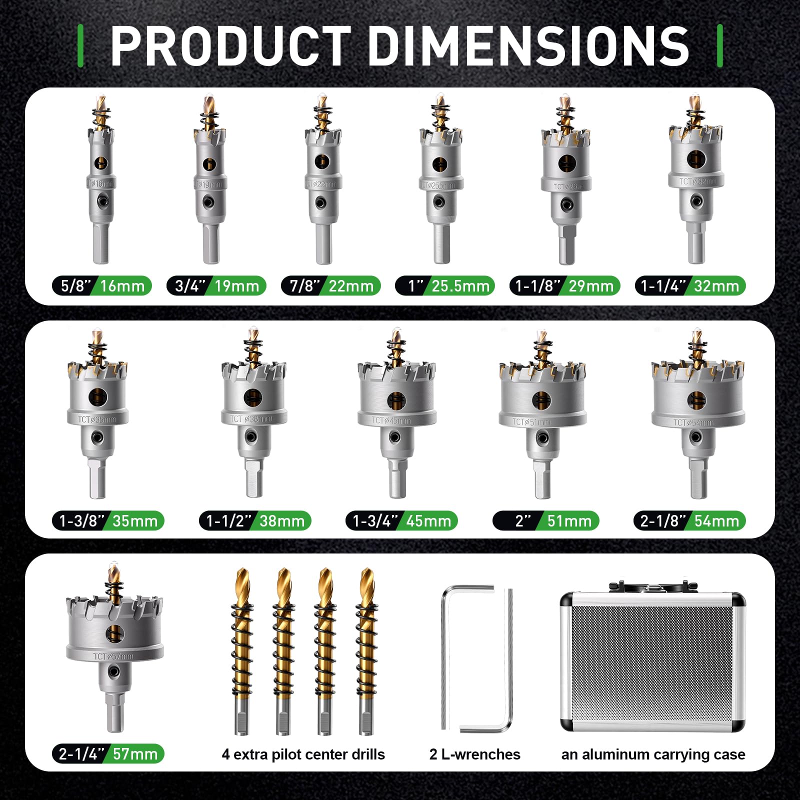 WORKEASE Kit seghe a tazza TCT 16 pezzi 5/8"-2"-1/4", set frese a tazza per acciaio inossidabile, ferro, rame, ottone