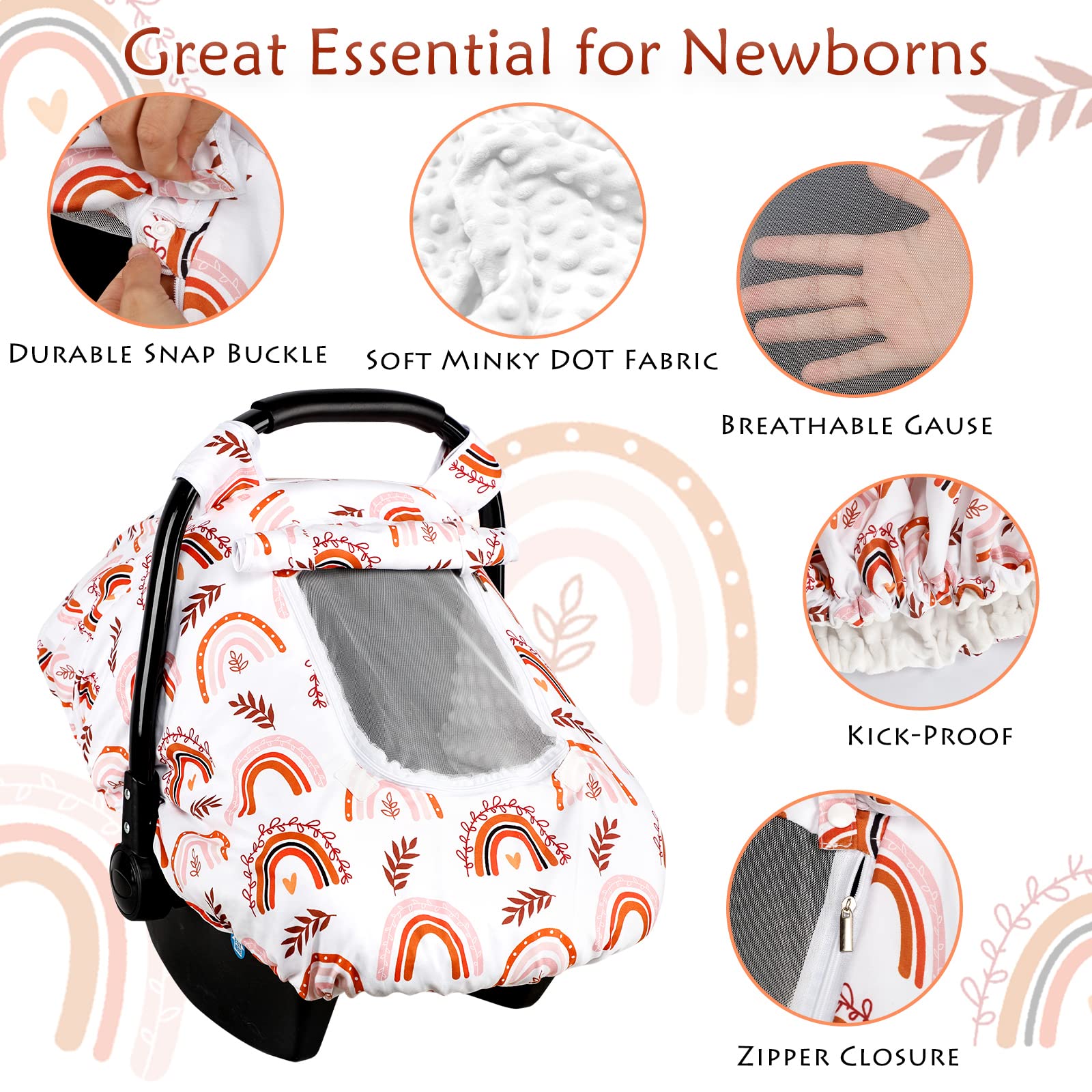 Pea Pod Baby-Autositzbezug für Mädchen, Regenbogen-Autositzbezüge für Neugeborene, 2 Schichten Fenster aus atmungsaktivem Netz/Stoff, leichtes Polyester, Minky Dot Rückseite, eng anliegende Passform
