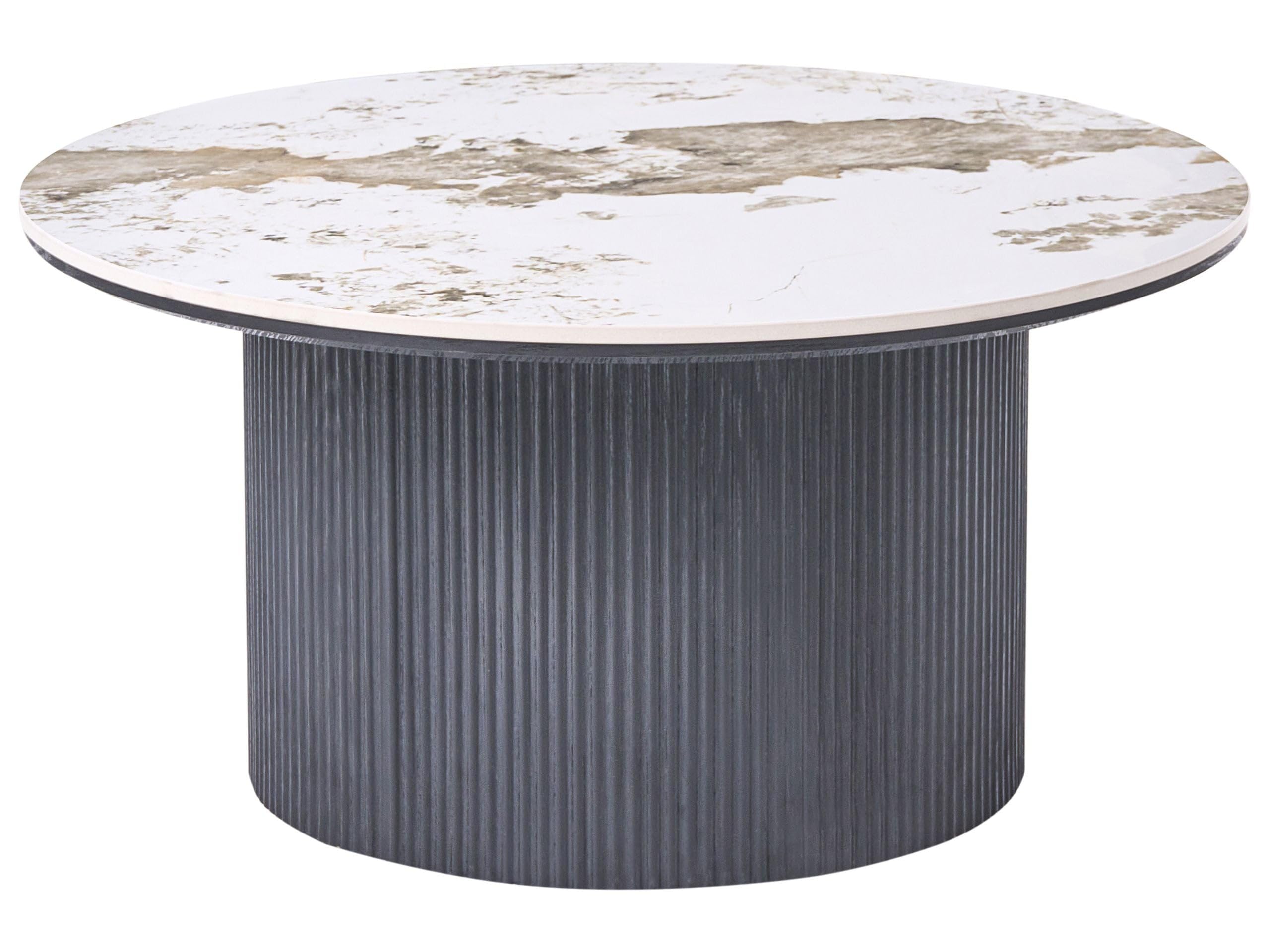 Beliani Mesa de Centro con Base de MDF y Tablero de mármol Blanco cerámico diseño Moderno Pata Acanalada ø 80 cm Negro Dora