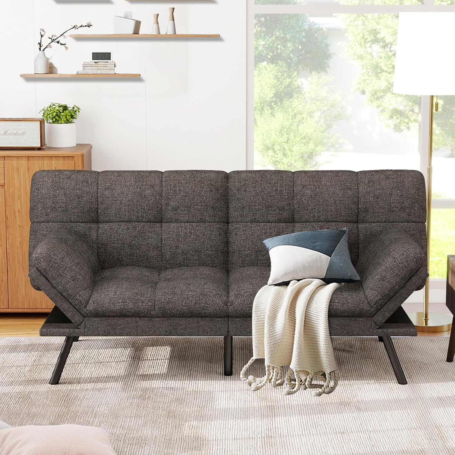 Vipbear Futon Sofa Bed Couch, 71" Convertible Sofa Bed, Space-Saving Loveseat with Adjustable Backrest & Armrest for Living Room,Apartment,Office,Medium Grey Sleeper Sofa