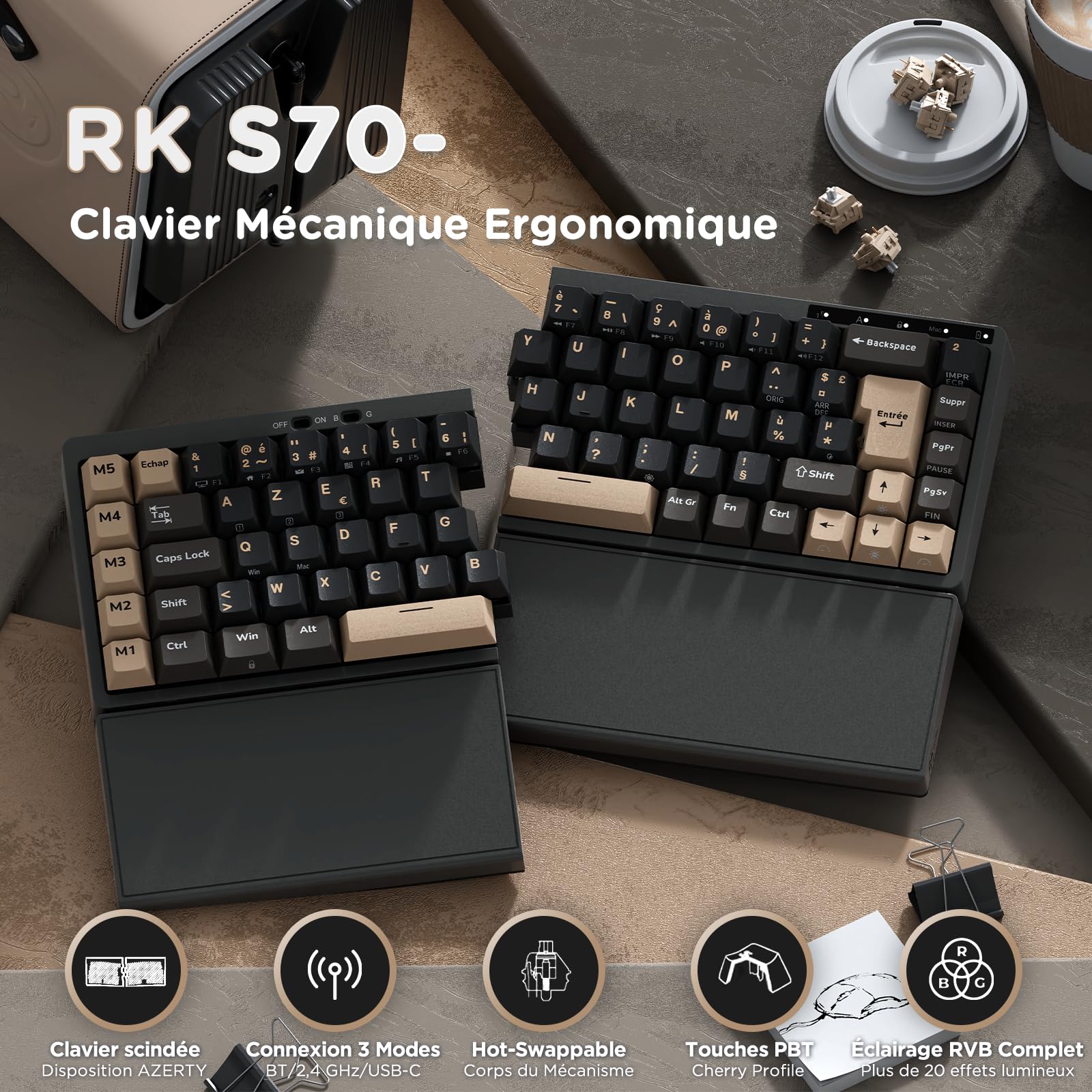 RK ROYAL KLUDGE S70 Clavier Mécanique AZERTY Compact 75%, Clavier Gamer sans Fil, Ergonomique Split Keyboard avec Repose-Poignets Intégré, RVB, Bluetooth/2.4G/Filaire, Hot-Swap Creamy Switch