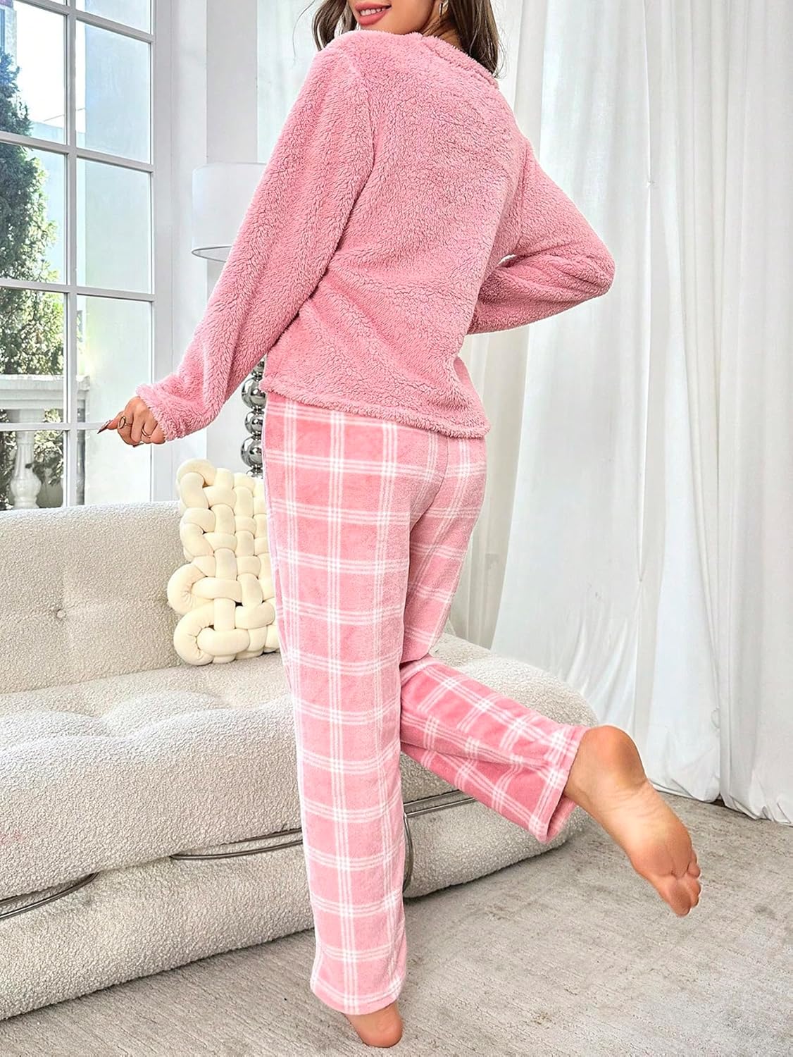 SOLY HUX Women's Pajama Set Fuzzy Long Sleeve Tee Tops and Plaid Pants Loungewear Sleepwear - Image 2