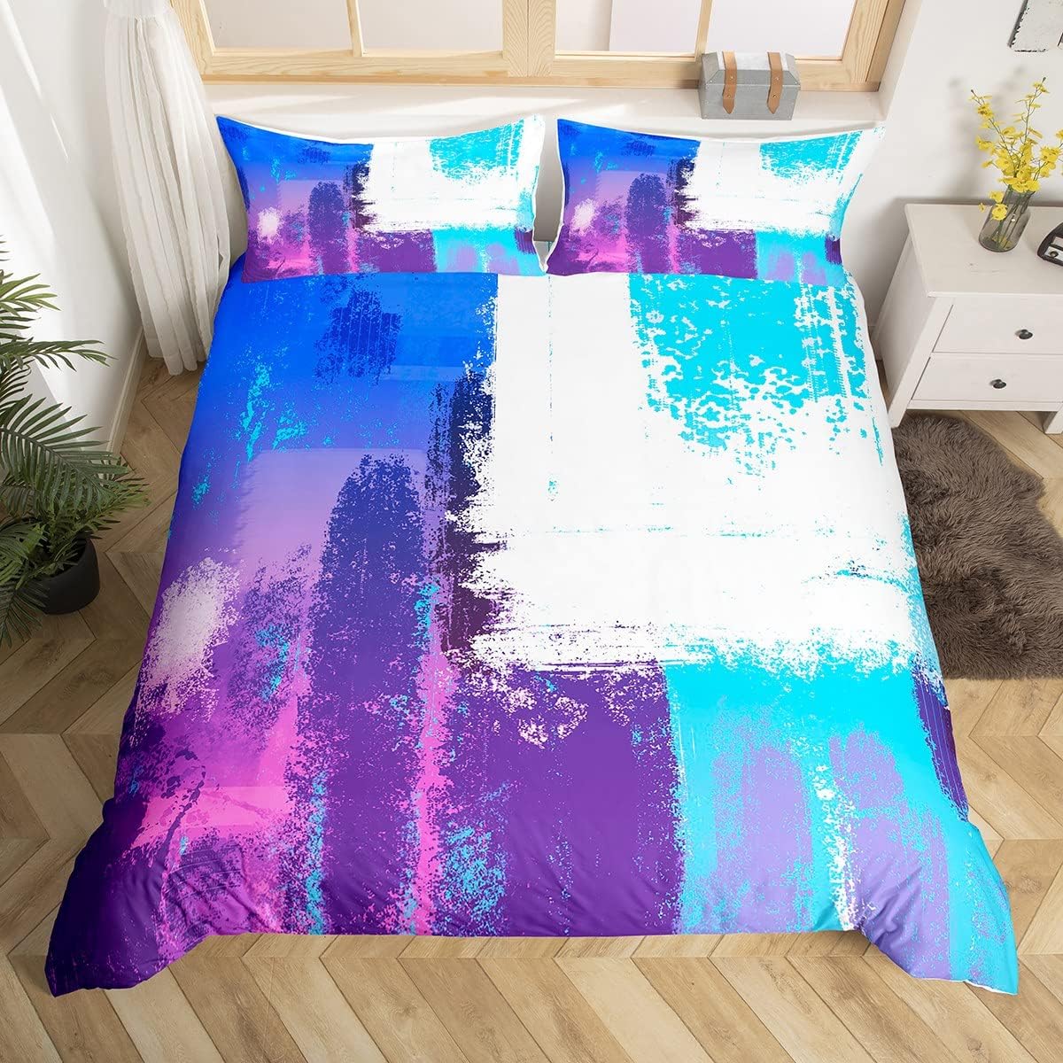 Feelyou Abstract Comforter Cover Set Modern Abstract Art Bedding Set for Boys Girls Children Purple Blue White Pattern Bedding Duvet Cover Set Room Decor Queen Size Bedspread Cover 3Pcs Mult