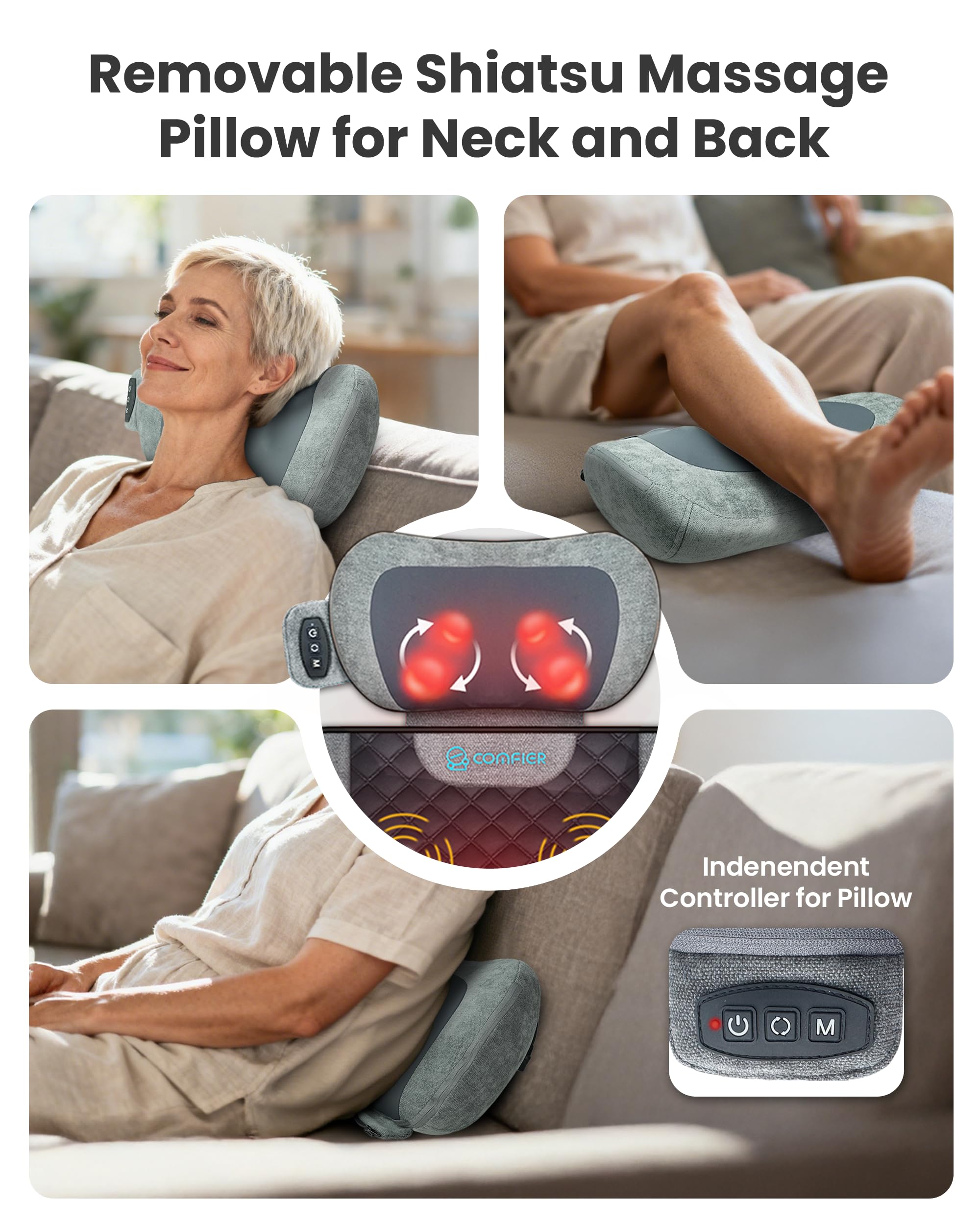 COMFIER Tappetino massaggiante per tutto il corpo con calore, cuscino massaggiante per la schiena con cuscino per il collo Shiatsu, 10 motori vibranti e 3 livelli di tappetino massaggiante riscaldante