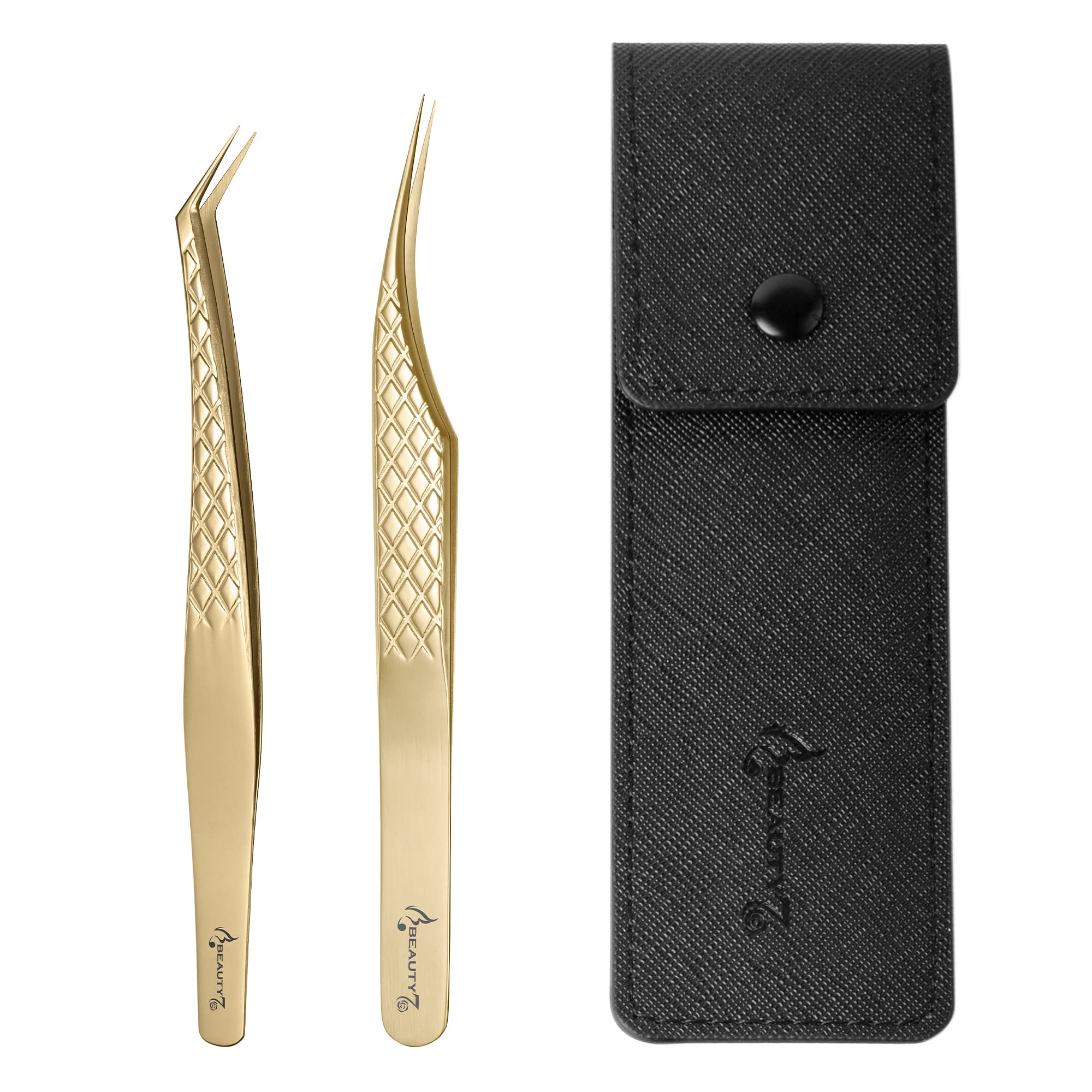 Beauty7 2 PCS Pinzas Profesionales de Extensión de Pestañas Acero Inoxidable Pinzas de Pestañas Pinzas de Precisión de Punta Curva Recta con Estuche en Dorado Múltiples Usos