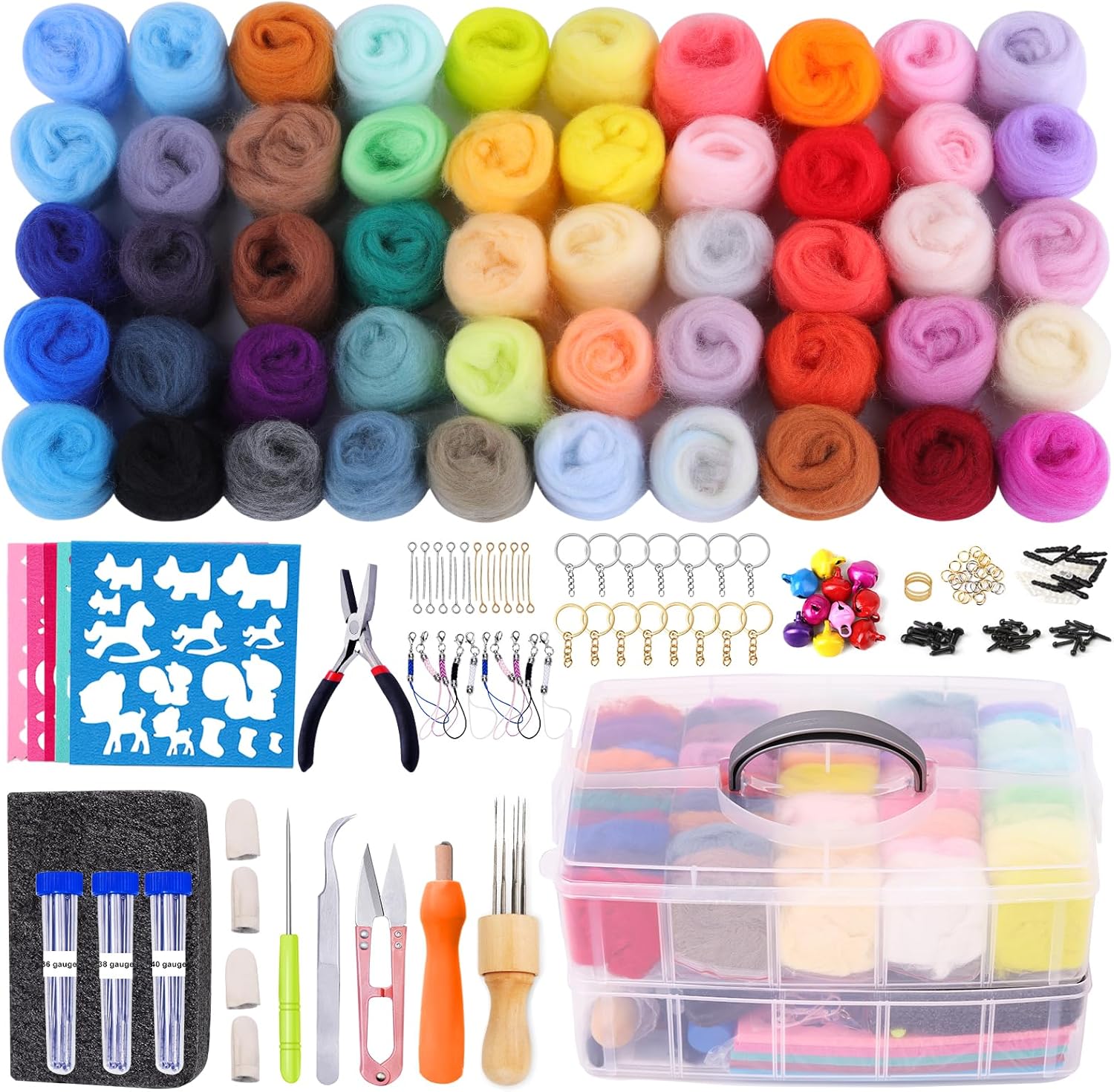 QMNNMA 241 Pcs Needle Felting Kit - Complete Needle Felting Tools and Supplies with Felt Wool 50 Colors, Felt Molds, High Density Foam Pad Storage Box for DIY Craft Animal Home Decoration