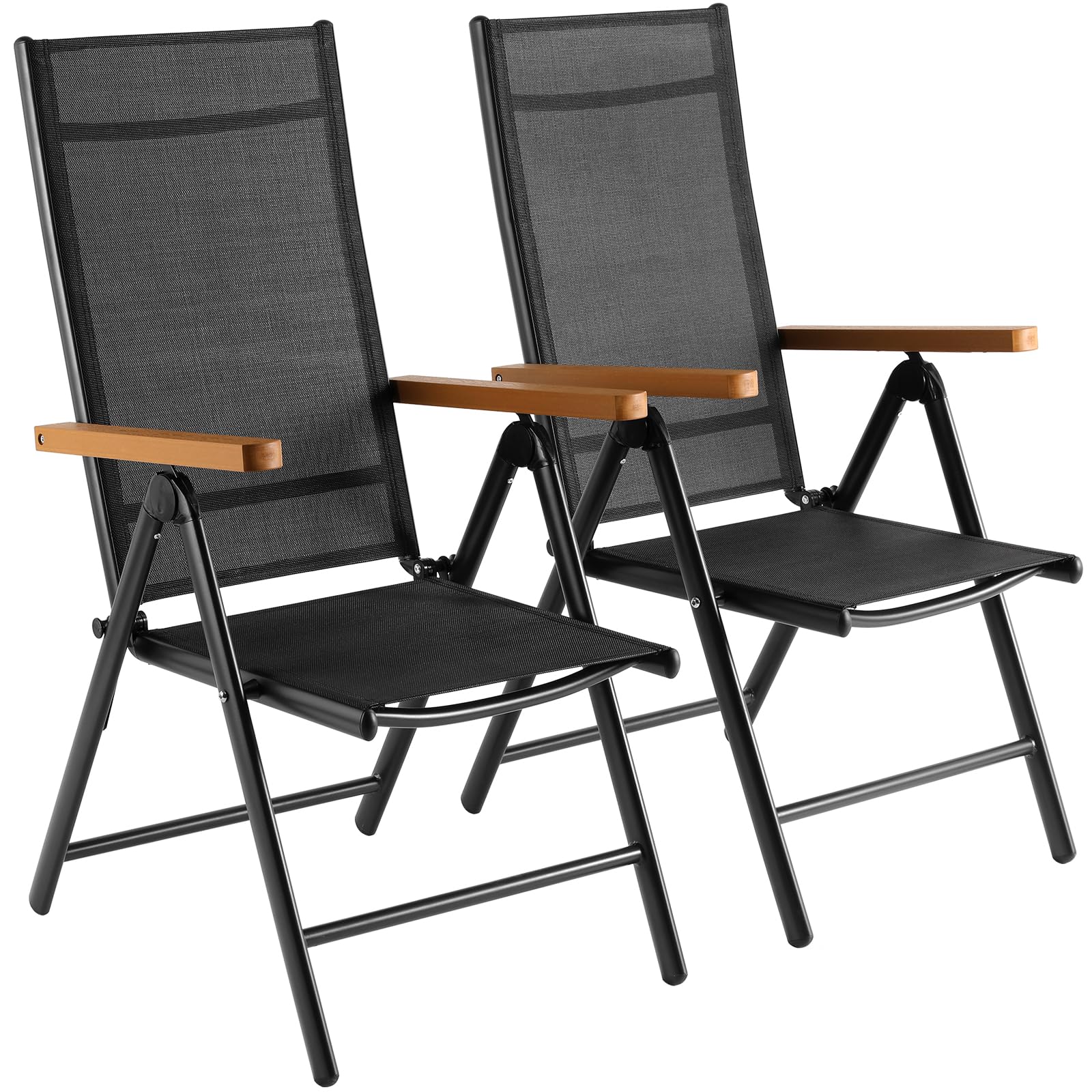LIFERUN Juego de 2 Sillas de Jardín Plegables de Aluminio con Reposabrazos Imitación Madera, Respaldo Alto Ajustable 7 Posiciones, Transpirables, Portátiles, Silla Exterior de Camping para Terraza