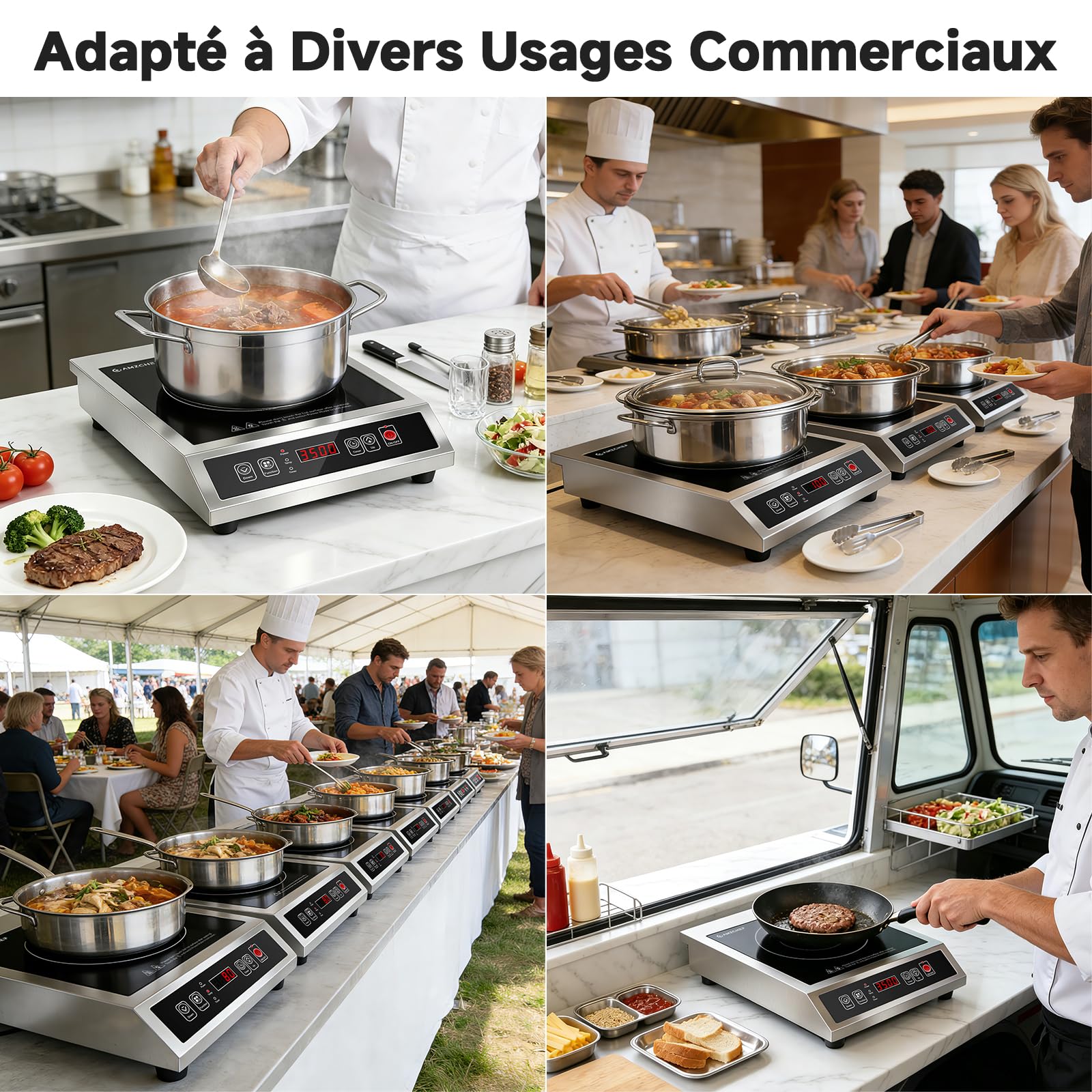 AMZCHEF Plaque Induction Commerciale 3500W, 21 Niveaux de Puissance&20 Niveaux de Température, Corps en Acier Inoxydable, Minuterie 10H, Adapté pour Cuisine de Restauration Professionnelle Restaurant