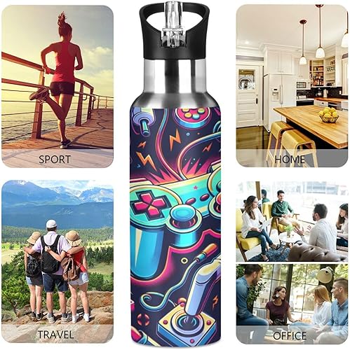 Vista 54 de Botella de agua amarilla para niños y niños, con aislamiento de acero inoxidable, para agua fría y caliente, con tapa con pajilla, para deportes