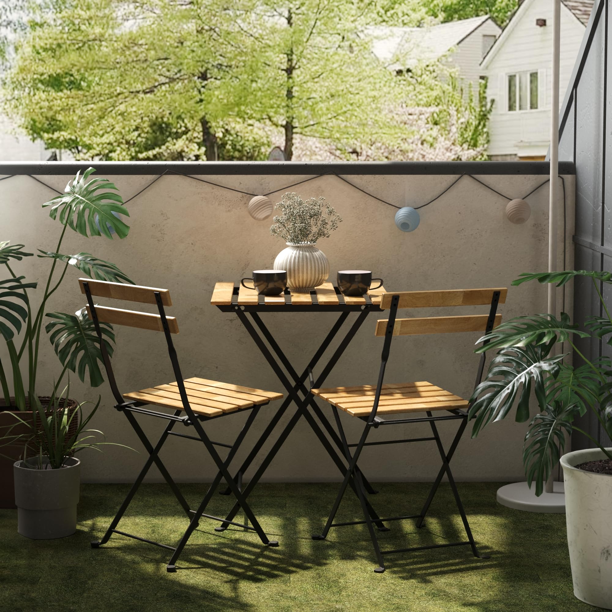 Set de Bistrot 3 Pièces Table et 2 Chaises Pliantes Meuble Jardin Balcon Patio Terrasse Acier Laqué Bois d'Acacia Noir Capacité 110 kg