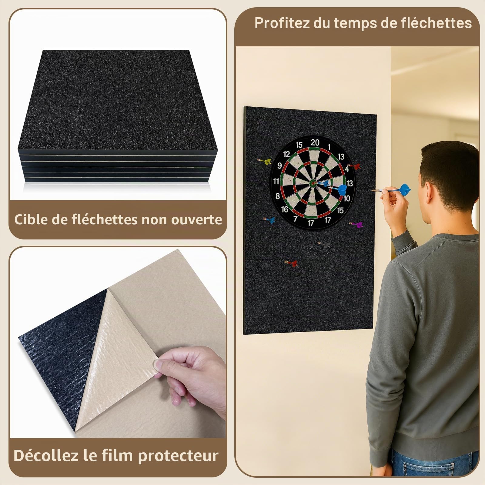 Protège Mur pour Fléchettes 30x30x1.2cm Feutre Haute Densité Autocollant Installation Facile Bouclier de Protection Renforcé pour Cible Fléchettes Garçonnière,Fête, Bar, Salle de Jeux