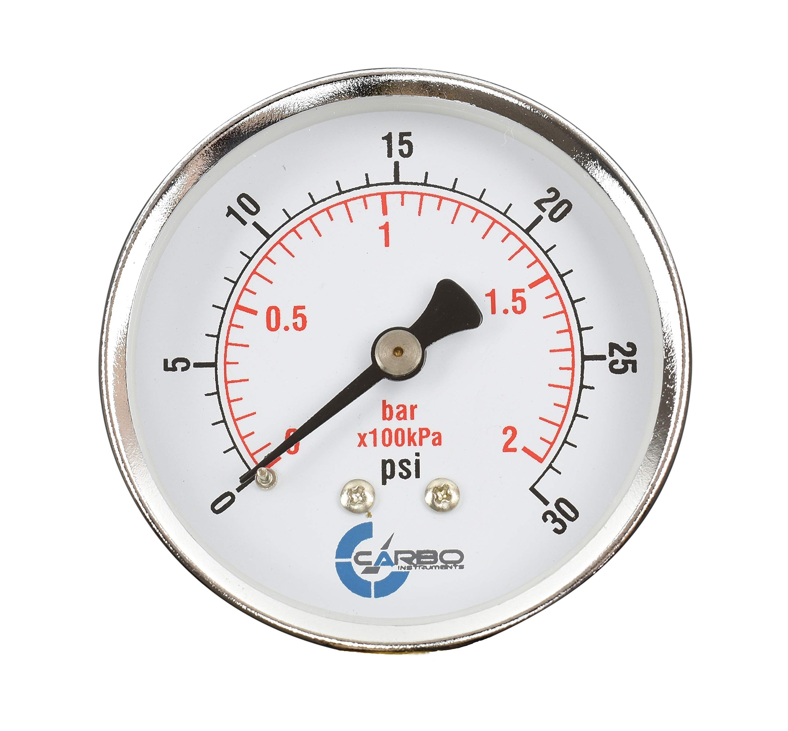 CARBO INSTRUMENTS2-1/2" Pressure Gauge, Chrome Plated Steel Case, Dry, 0-30 psi/kPa, Back Mount 1/4" NPT