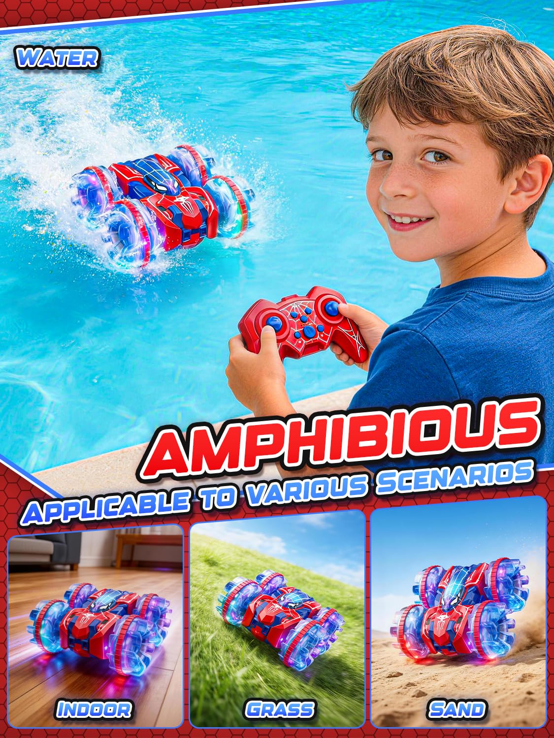 Spider Amphibienfahrzeug Ferngesteuertes Auto, 2.4GHz Doppelseitig RC Auto Car Spielzeug ab 3 4 5 6 7 8+ Jahre Junge, Pool Outdoor Monstertruck mit 360°Drehung & LED Licht, Kinder Geburtstag Geschenke