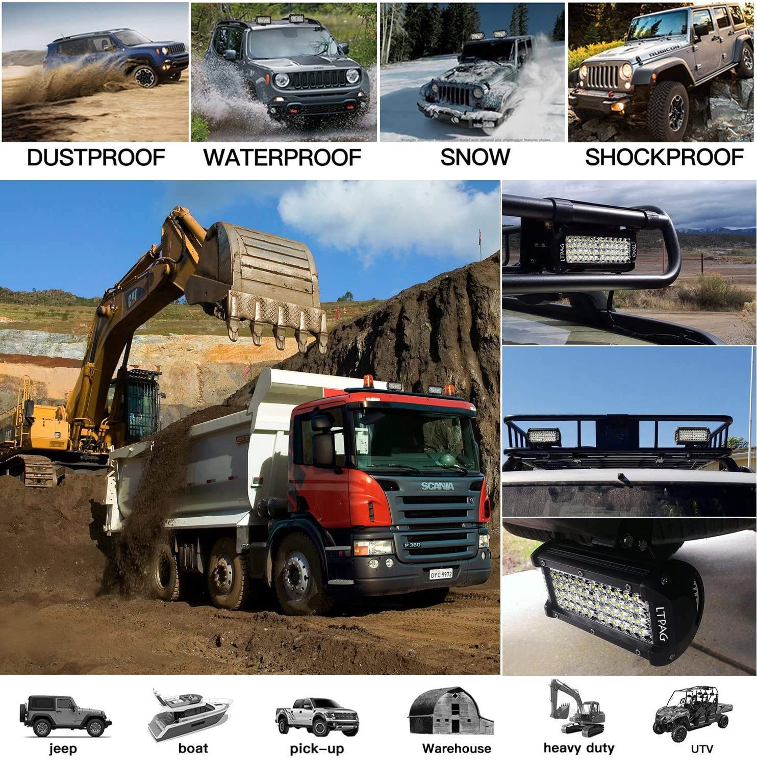 LTPAG 2 faros LED de 288 W, 288 W, 28800 lm, faro de trabajo para coche, 12 V, 24 V, luz de marcha atrás, IP68, con arnés de cables de 300 W, 12 V-48 V, 40 A, 2 leads