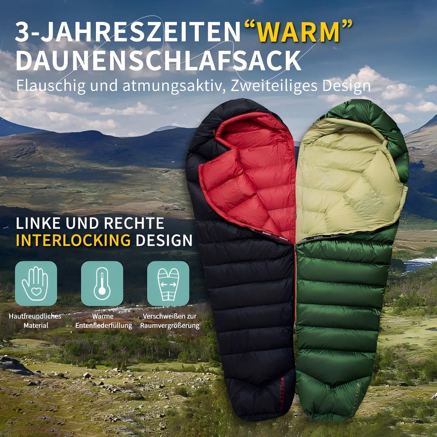 Daunenschlafsack Ultraleicht mit kleinem Packmaß(620FP/RDS)-Sommerschlafsack für Camping,Trekking,Bikepacking&Reisen-Geeignet für Erwachsene,Jugendliche&Familien.