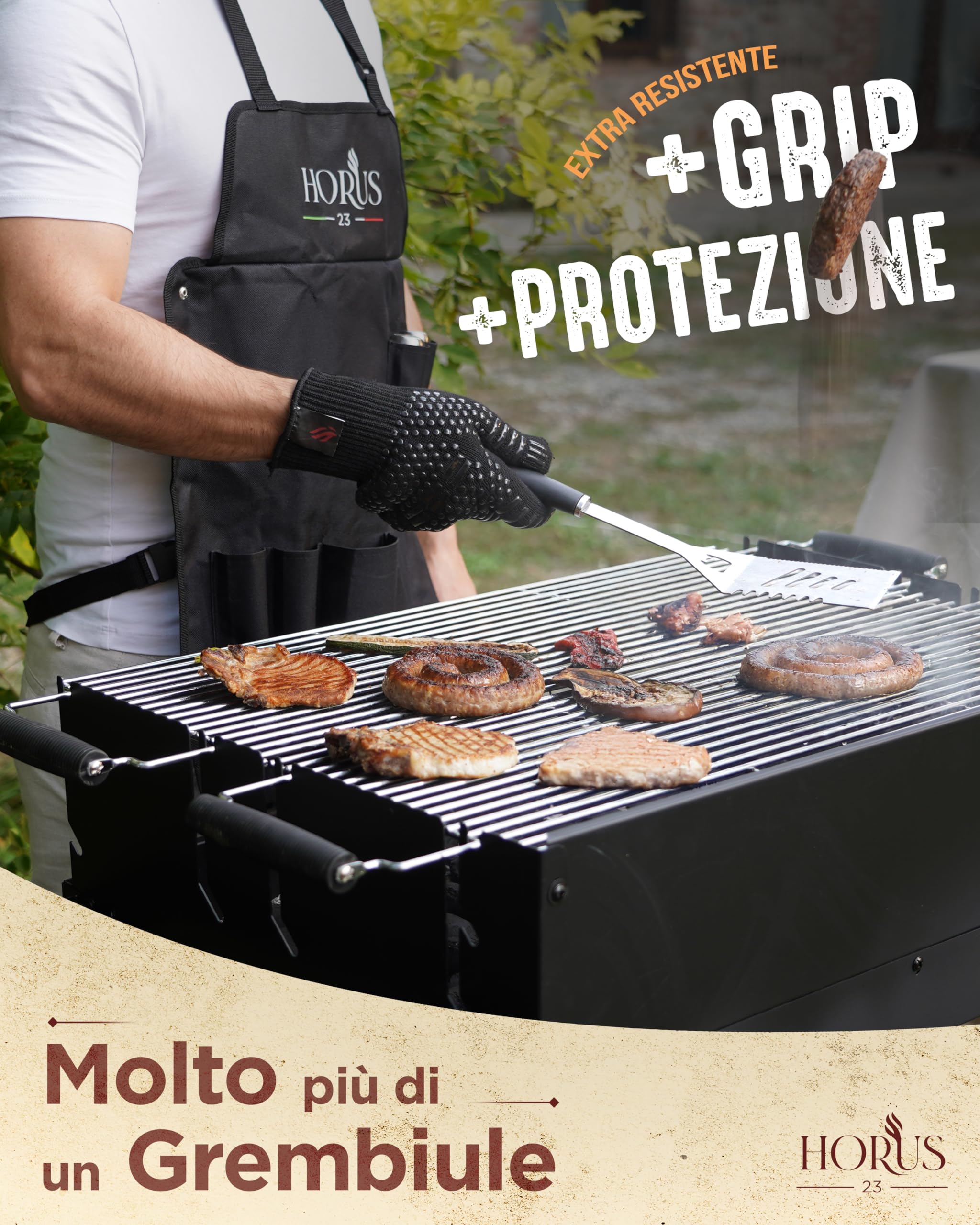 HORUS 23® Set Barbecue con Guanto Ignifugo, Tappetino Griglia e Grembiule Oxford Acciaio Inox