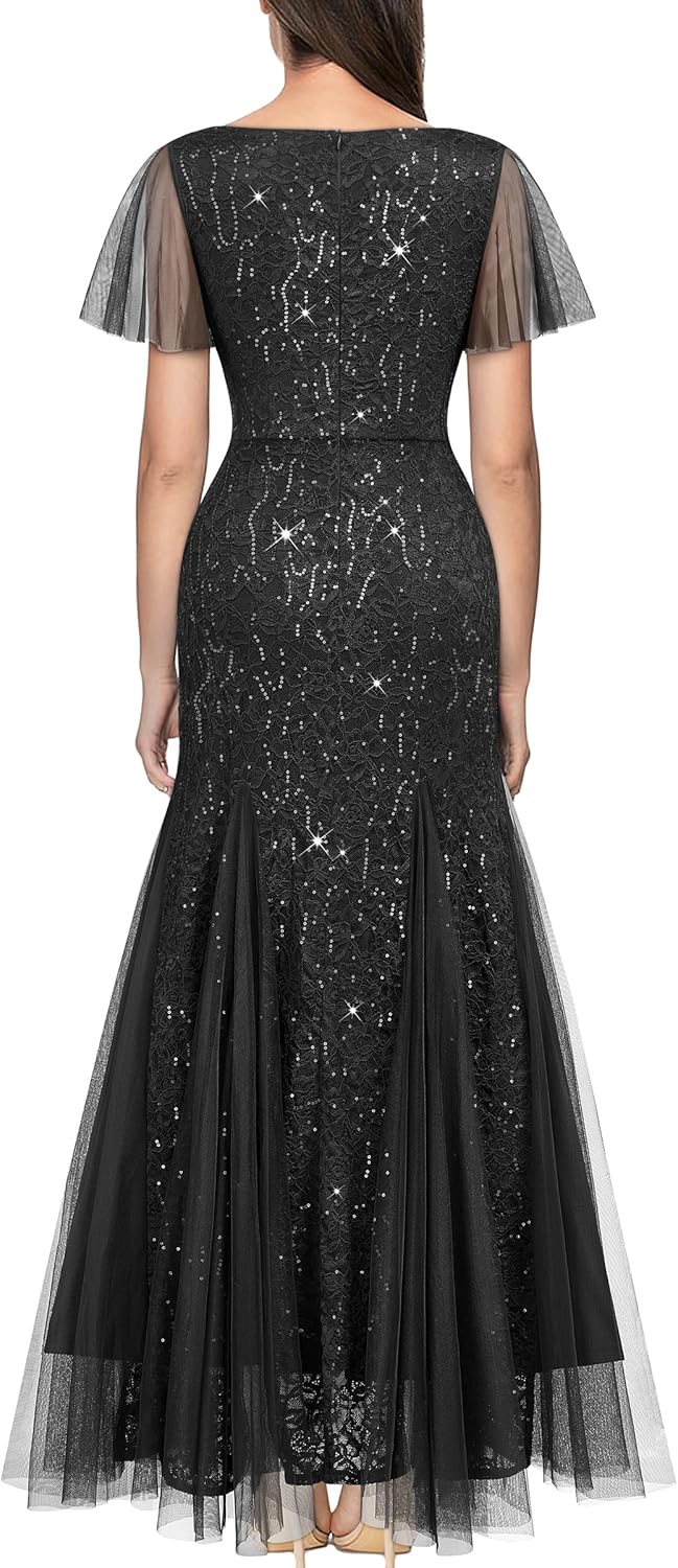 Miusol Women's Sequin Lace Deep-V Neck Tulle Mermaid Hem Evening Party Maxi Dress - Image 2