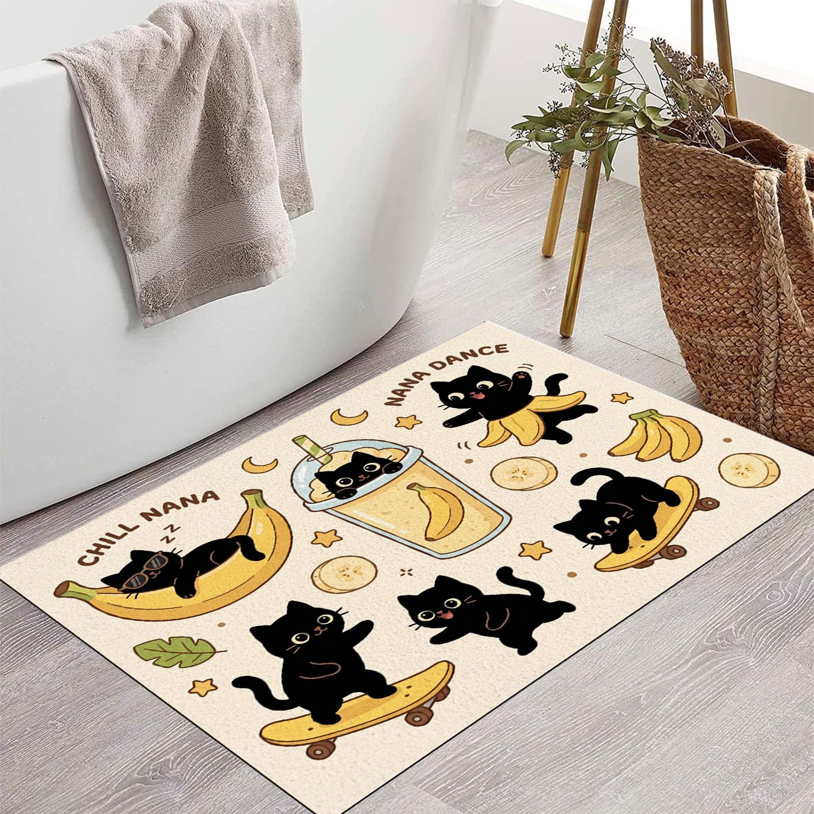 80X120Cm Zerbino Ingresso Interno Antiscivolo Assorbente, Tappeto In Microfibra Sottile Lavabile Con Gatti Divertenti Banane Tema Con Animali Carini Per Cucina Bagno Porta E Animali, Beige Giallo