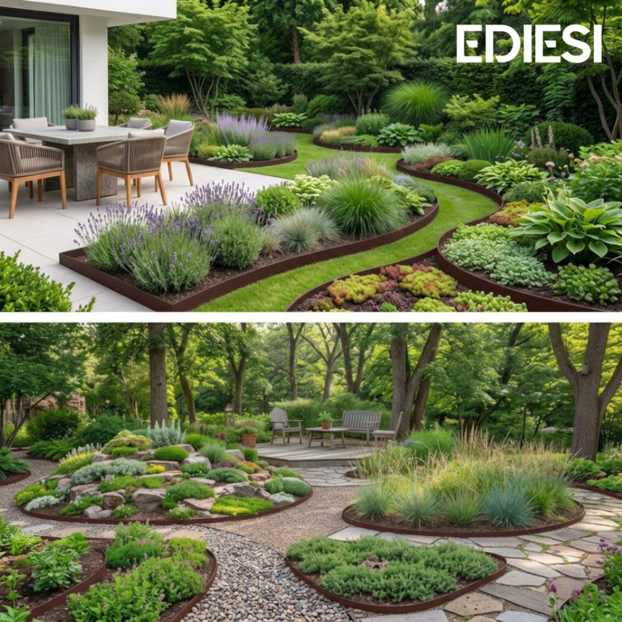 Ediesi, Bordura per giardino 10 m flessibile, bordo aiuole plastica resistente 5 mm, bordatura giardino per prato vialetti, installazione facile con 30 picchetti (Marrone, 10 metri)
