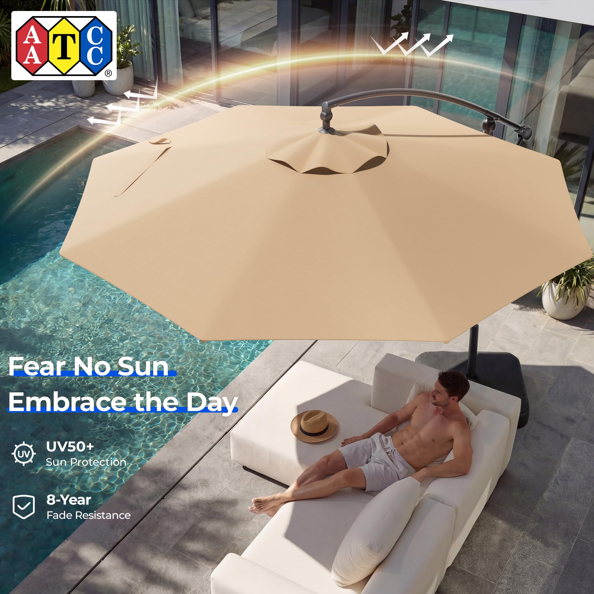 HOMSHADE 10ft Patio Umbrella with Base Included, 8-Year-Non-Fading Cantilever Umbrella with Solution-Dyed Acrylic Fabric, UPF50+ UV Protection with Easy Tilt and Crank for Pool Deck and Garden(Buff) : Patio, Lawn