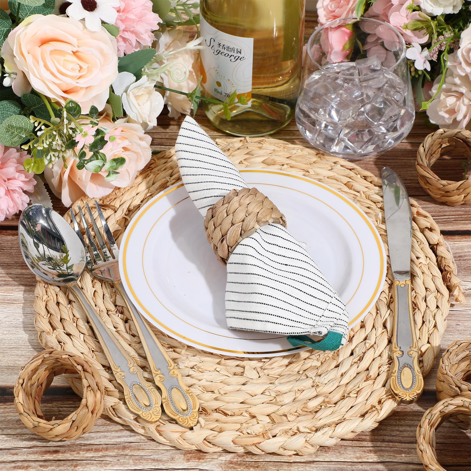 Hsei Lot de 48 ronds de serviette bohème en rotin tissé rustique fait à la main en jacinthe d'eau naturelle pour la Saint-Valentin, Thanksgiving, fête d'anniversaire, dîner