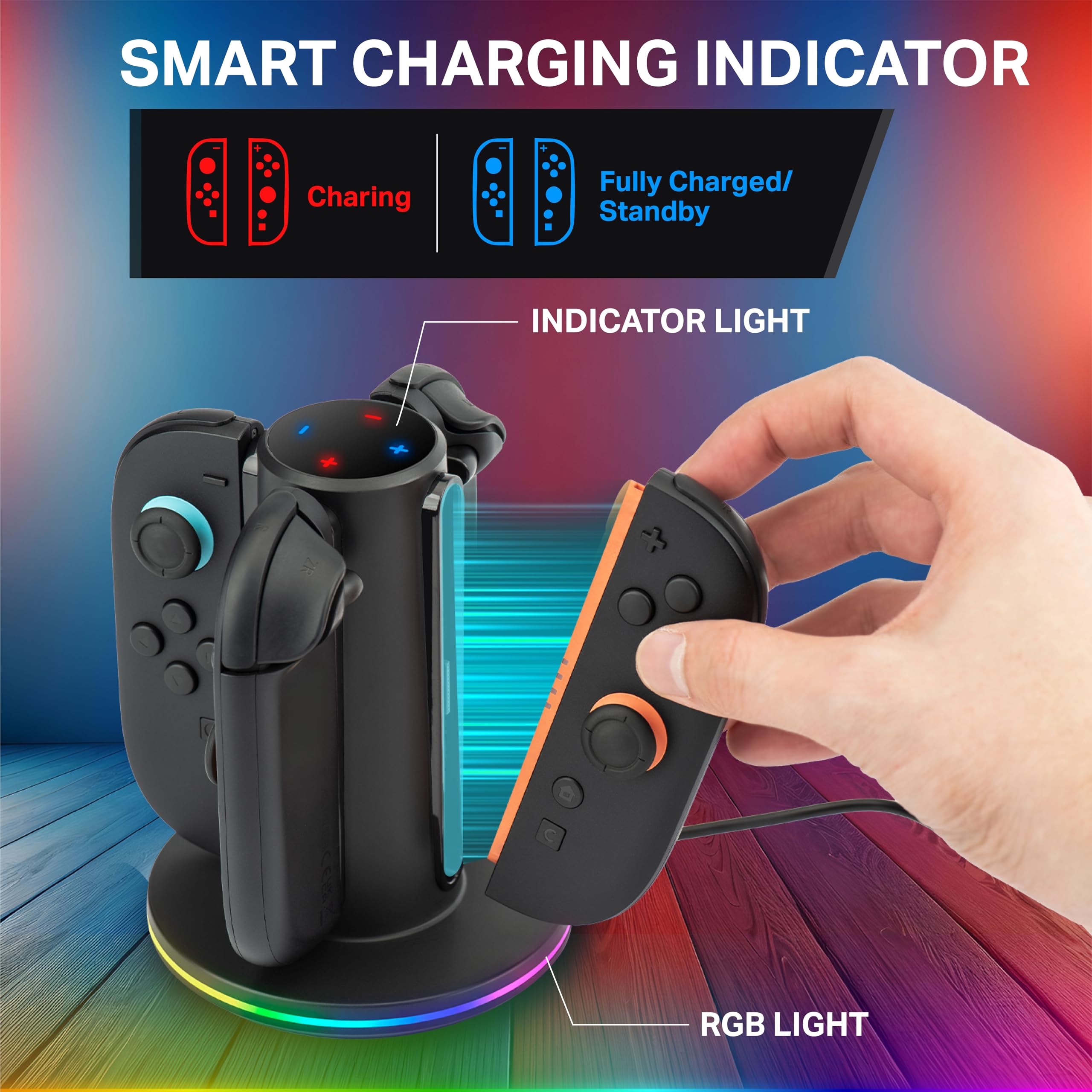 NITHO Stacja ładująca 4 w 1 do kontrolerów Switch 2, stacja ładująca z diodami LED RGB, stacja ładująca USB-C do 4 kontrolerów, akcesorium gamingowe do Switch 2