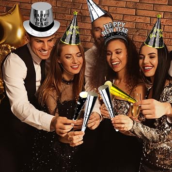 40PCS New Years Eve Party Supplies for 20 Guests, New Years Party Hats Headbands Blowouts Gold Black New Years Accessories, Tiaras Top Hat Friged NYE Noise Makers Cone Hat Horns for New Years Party