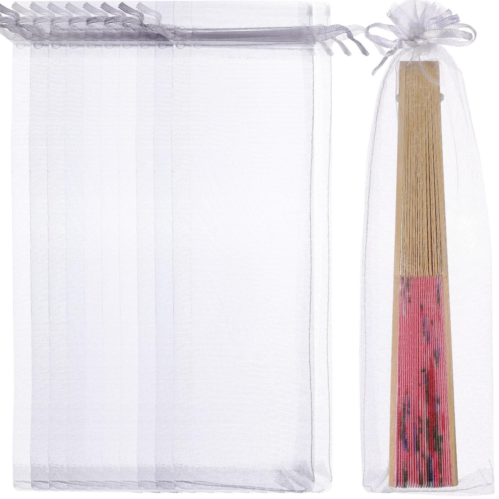 iplusmile 100 Pcs Sheer Organza Fan Bags, 10x2.3 inch Drawstring Folding Paper Hand Fan Bags, Silk Mesh Candy Jewelry Gift Pouches for Christmas,