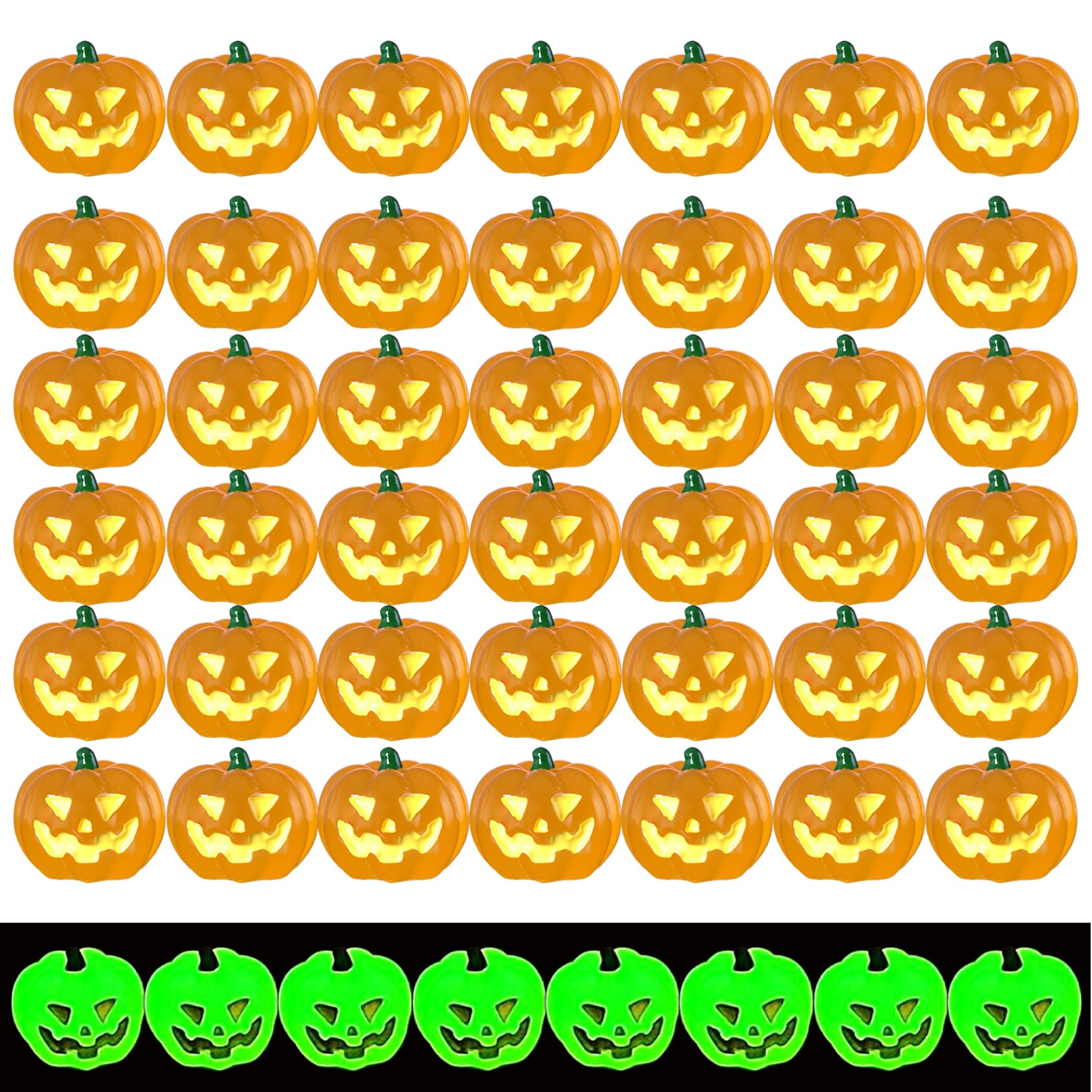 Yvocuyn Mini Pumpkin Figurines - 50 Pcs Resin Halloween Decorations, Luminous Grinning Pumpkins for Microlandscape Garden Baking Decor