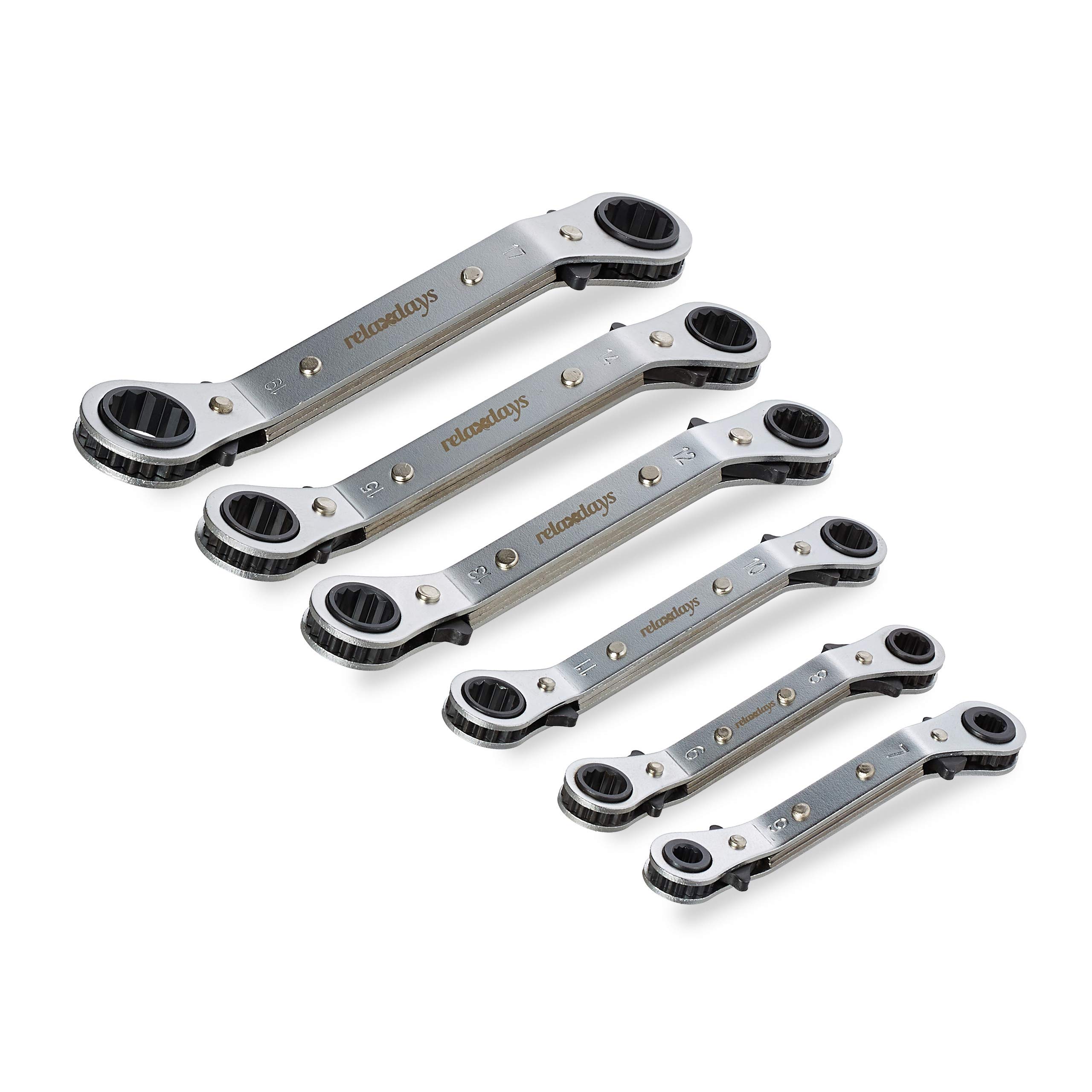 Relaxdays Set di Chiavi ad Anello, Kit da 6 Accessori a Cricchetto, 6-15, 17 & 19 mm, Valigetta con Attrezzi, Argento