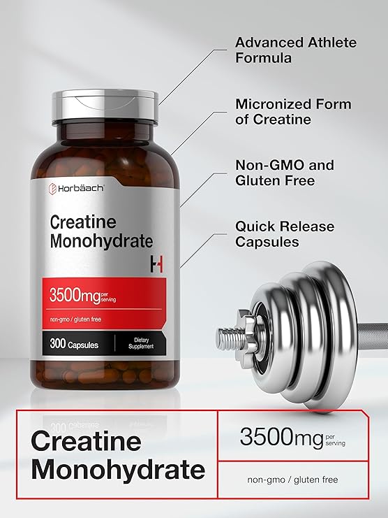Horbaach Creatine Monohydrate Capsules | 3500mg | 300 Count | Non-GMO and Gluten Free Supplement