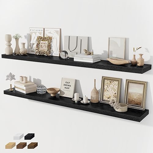 Miniatura 52 de Estantes flotantes para pared, juego de 2 estantes flotantes de 28 pulgadas, estante de madera rústica montado en la pared para baño, sala de estar,