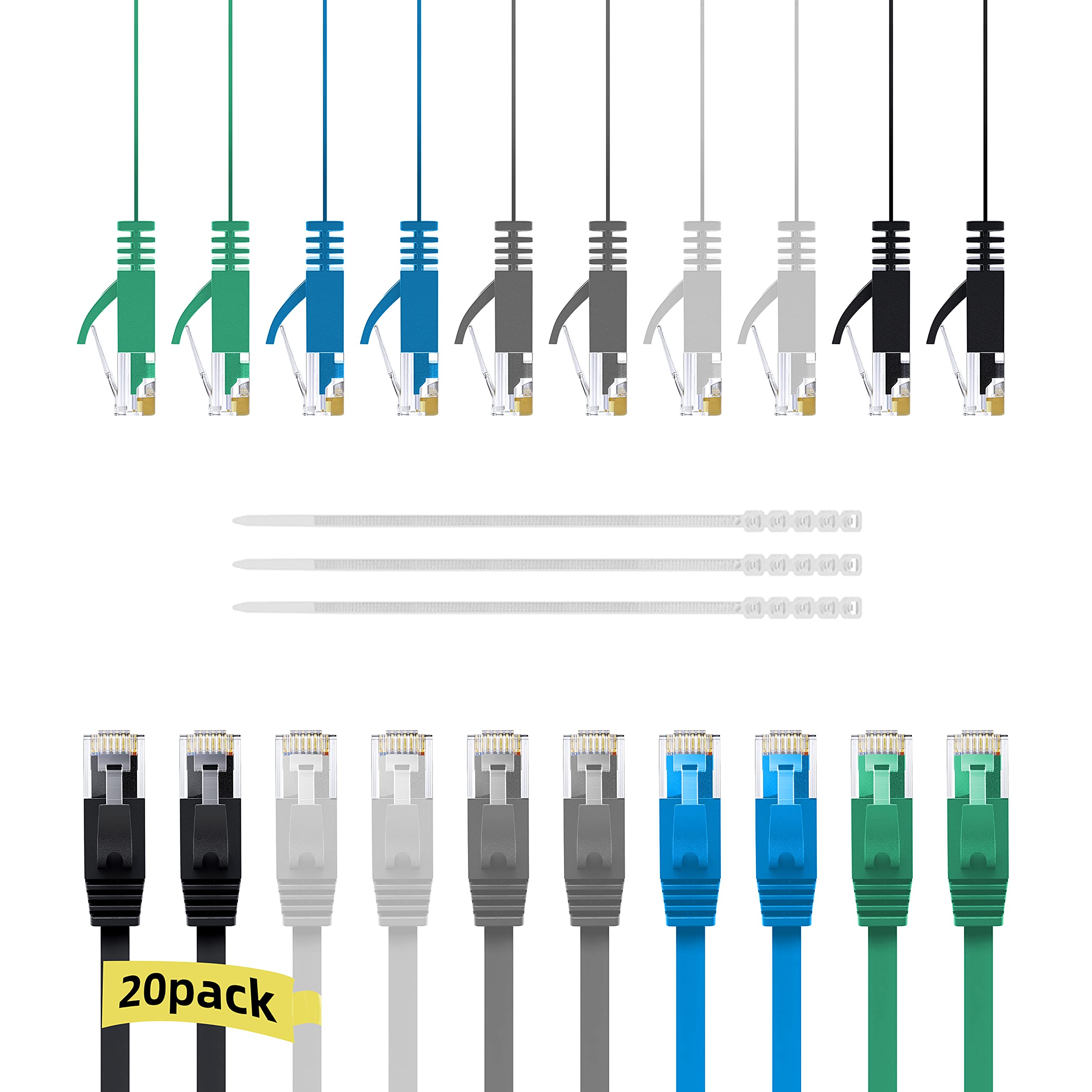 Cat6 Flat Ethernet Cable 3 Feet/20 Pack,Adoreen High Speed Slim Patch Cable(0.6ft to 50ft),Pure Copper Wire,10Gigabit 500MHz,Thin and Flexible,Cat 6 Cat5e Cat5 Network Ether Cable with 15 Ties