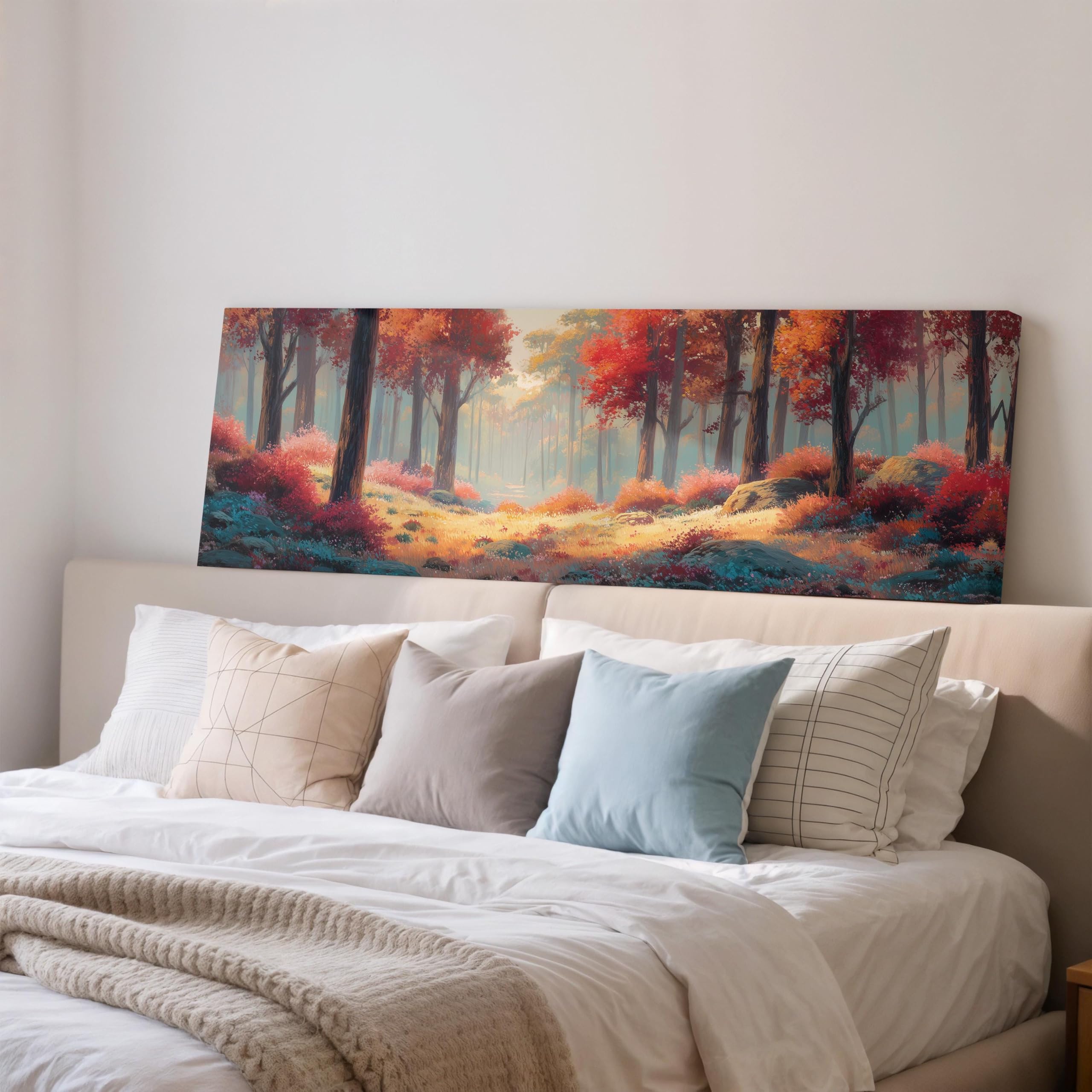 LMYCHENG Autumn Forest Wall Art, Vintage Landscape Canvas, Wide Panoramic Print Posters, Long Horizontal Large Living Room Artwork(20x60cm/Frameless)