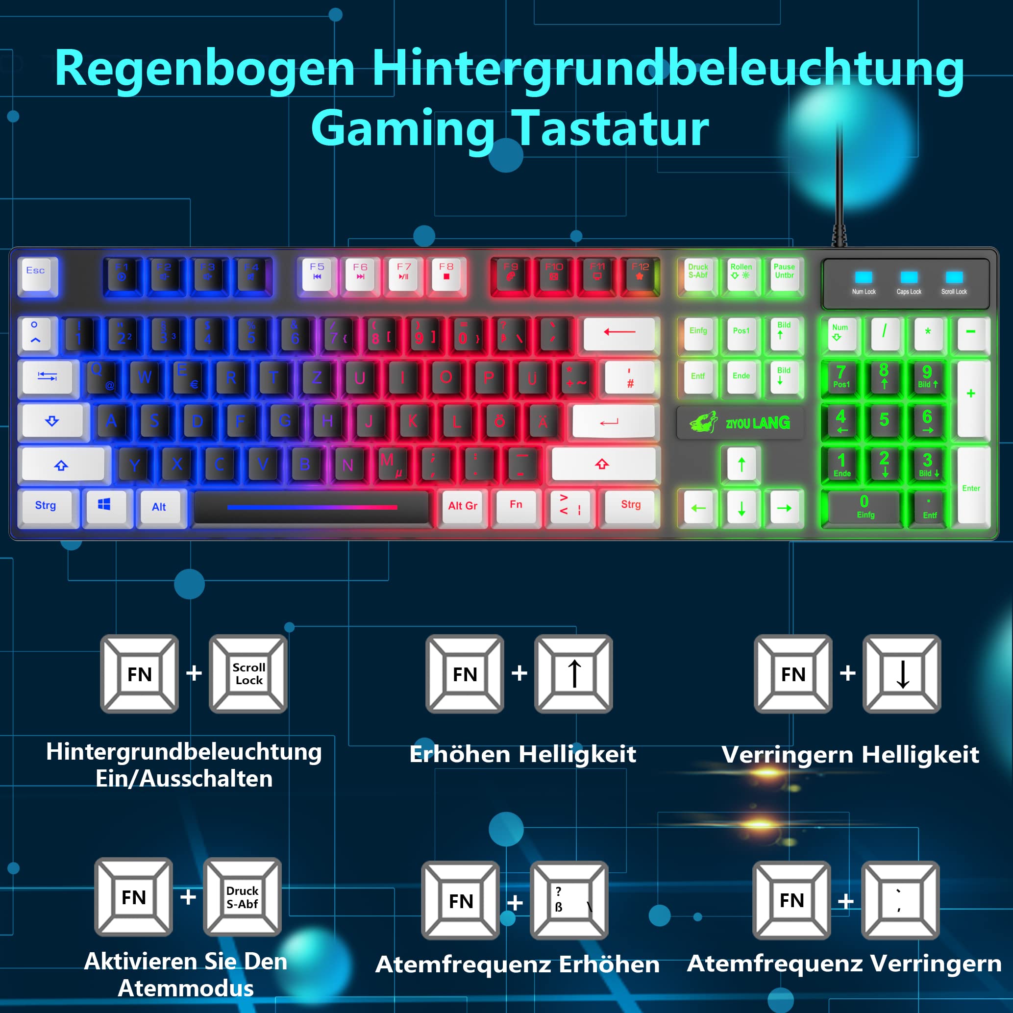 Gaming Farbblock Tastatur Und Maus Set, QWERTZ German Layout Regenbogen LED Hintergrundbeleuchtung Ergonomische Keyboard 6 Tasten 2400 DPI Maus und Mauspad, USB Verkabelt, Schwarz+Weiße Tastenkappen